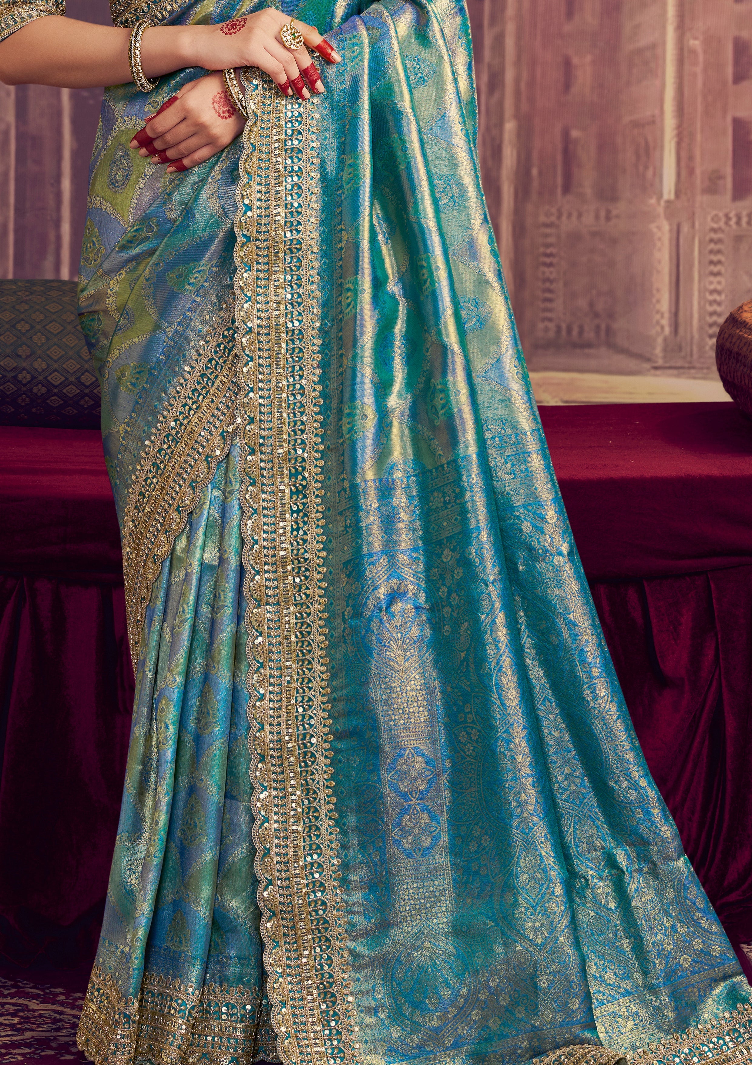 Peacock Blue Embellished Kanjivaram Silk Saree