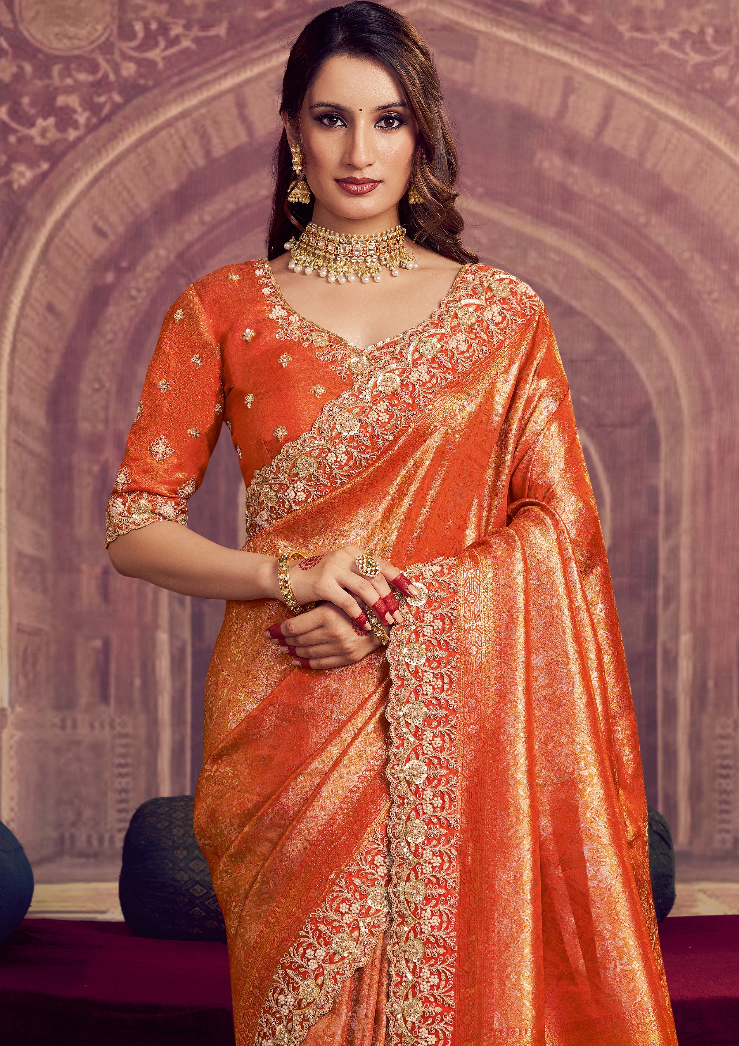 Marigold Orange Embellished Kanjivaram Silk Saree