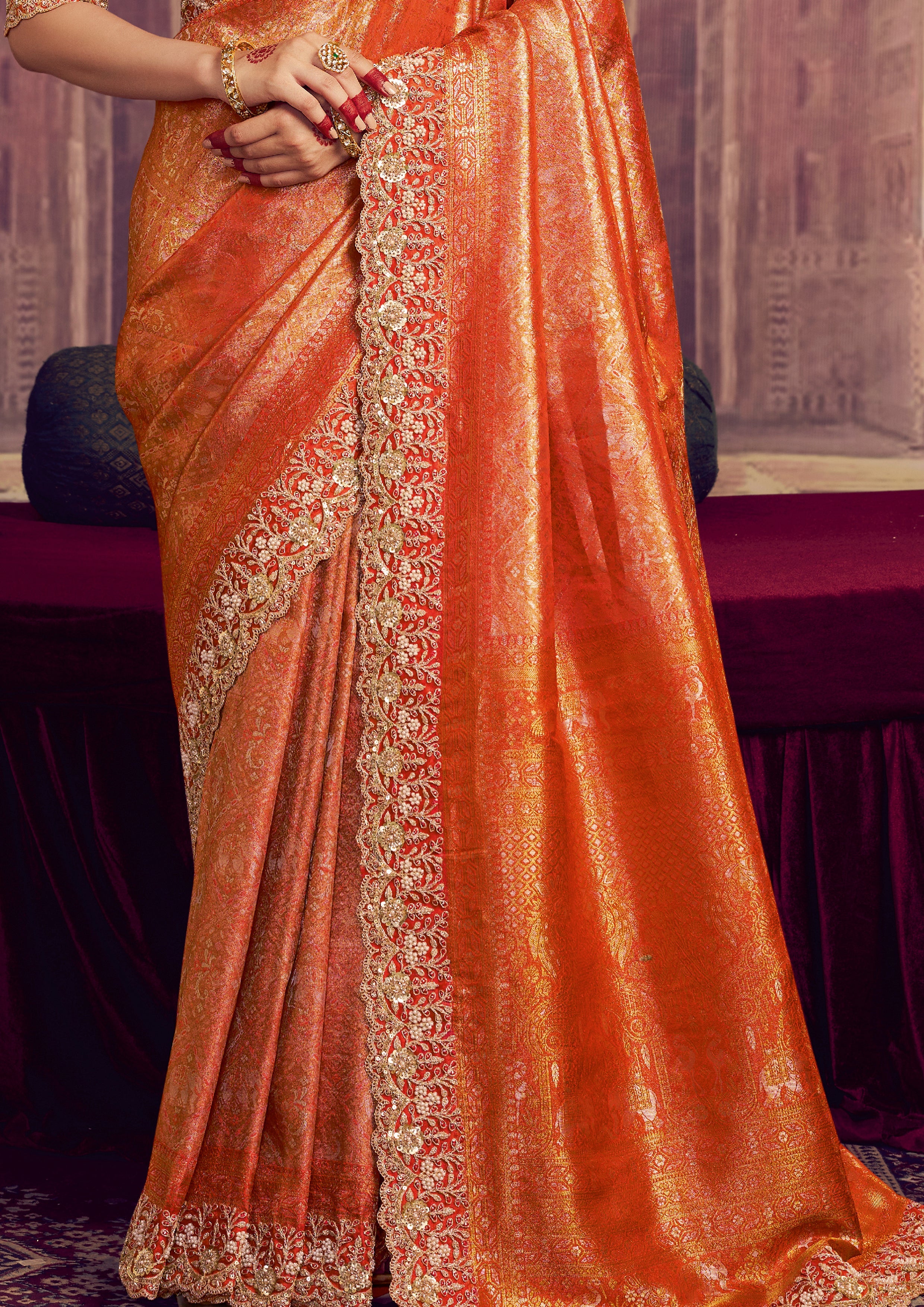 Marigold Orange Embellished Kanjivaram Silk Saree