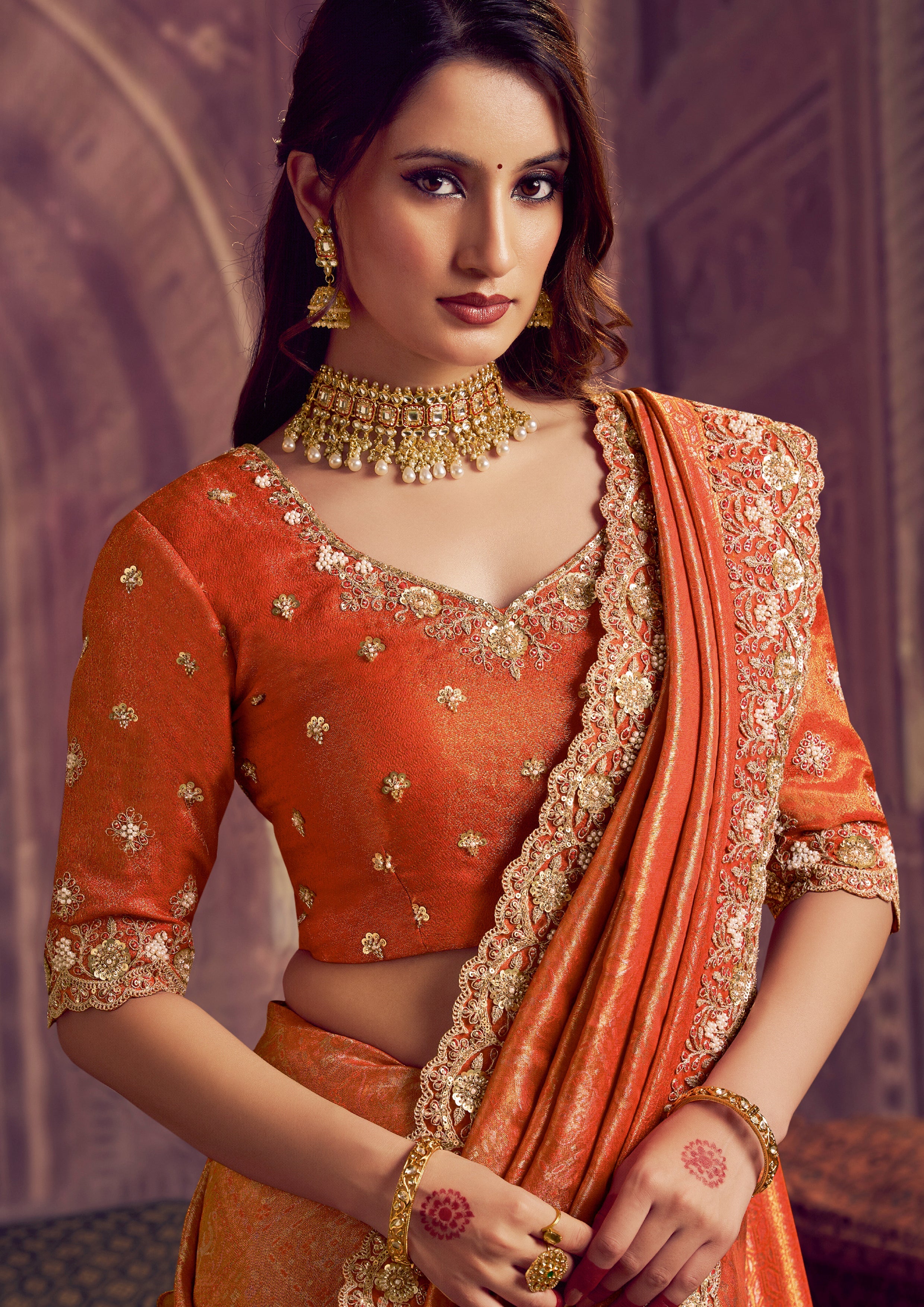 Marigold Orange Embellished Kanjivaram Silk Saree