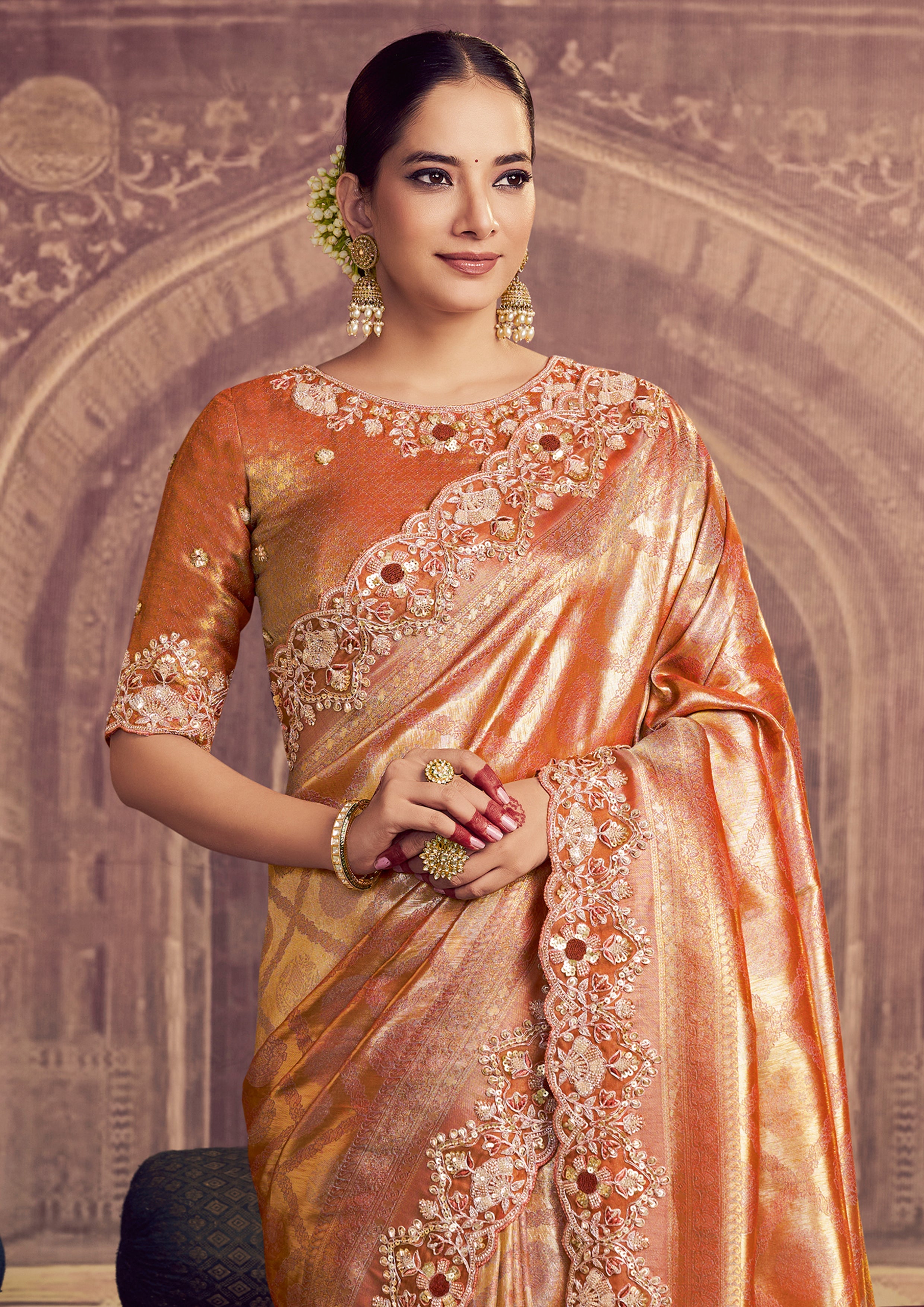 Rust Orange Embellished Kanjivaram Silk Saree