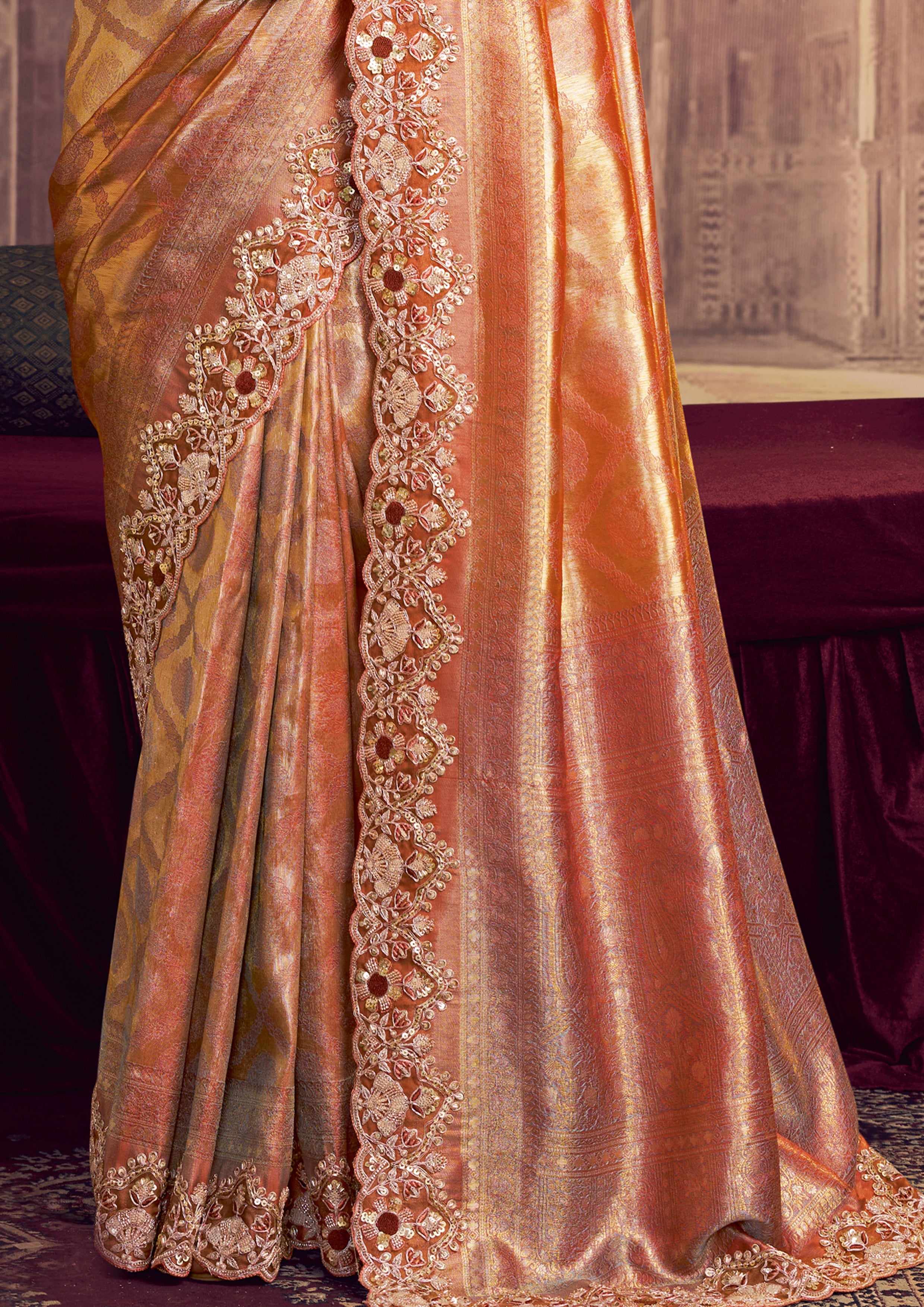 Rust Orange Embellished Kanjivaram Silk Saree