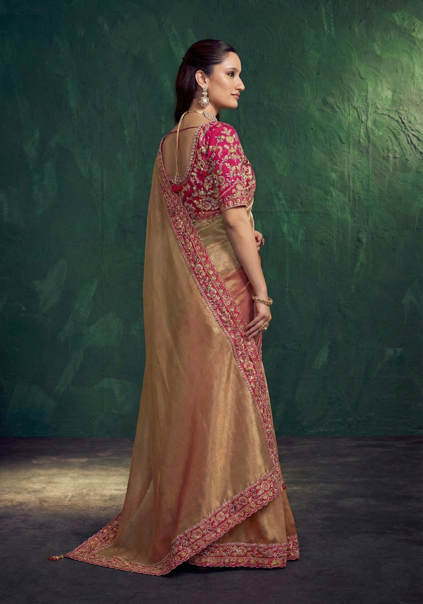 Copper Gold Embroidered Shimmer Tissue Silk Saree