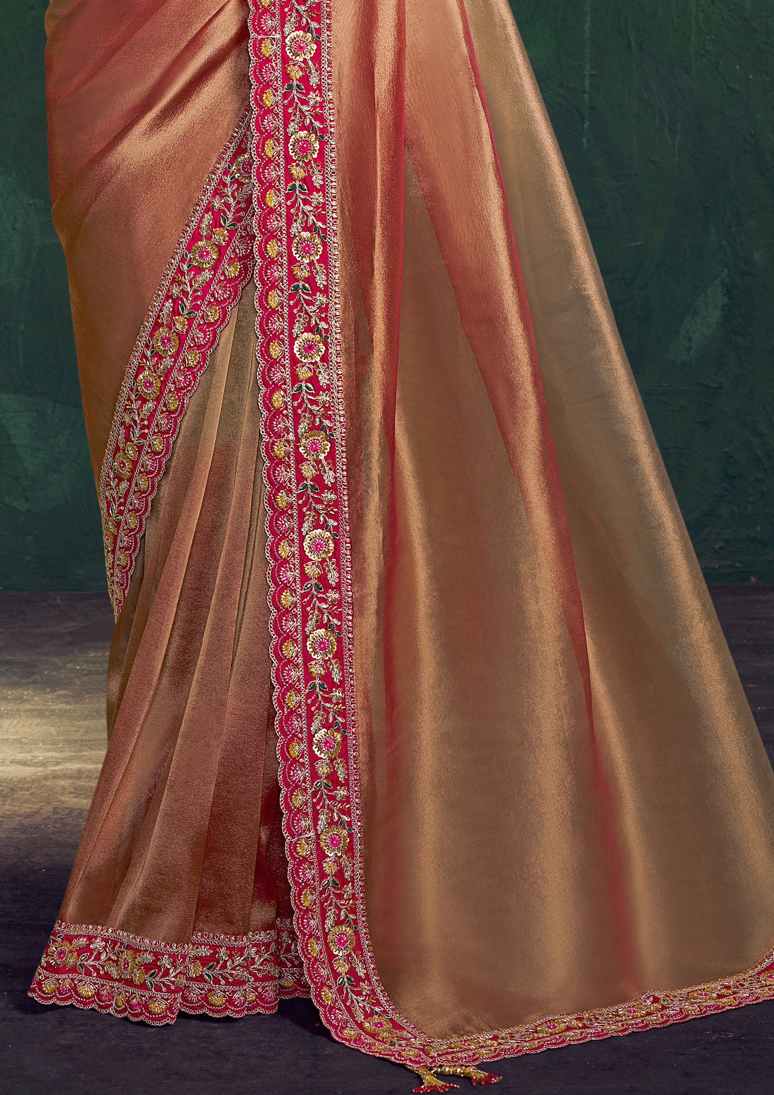 Copper Gold Embroidered Shimmer Tissue Silk Saree