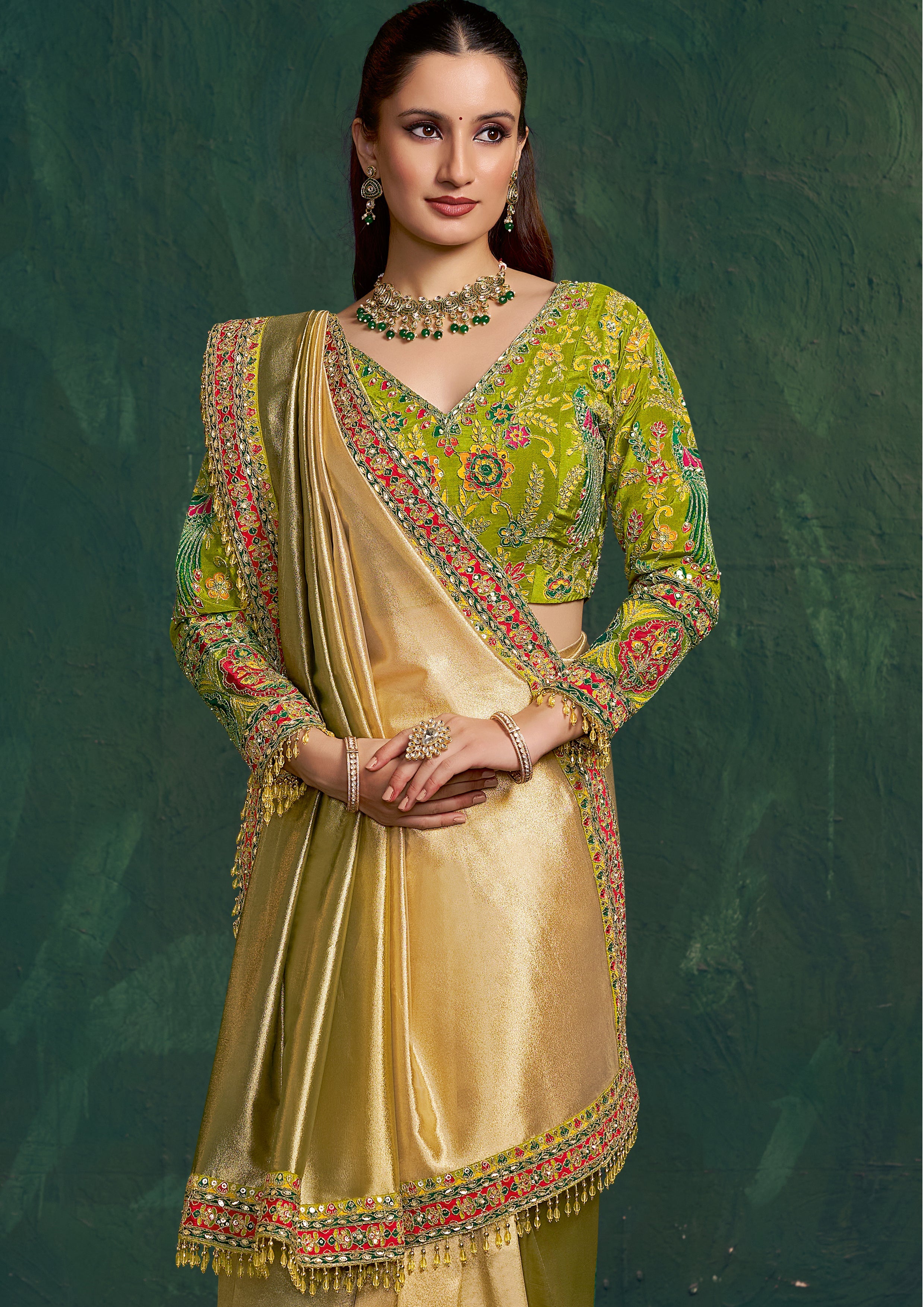 Sunglow Green Embroidered Shimmer Tissue Silk Saree