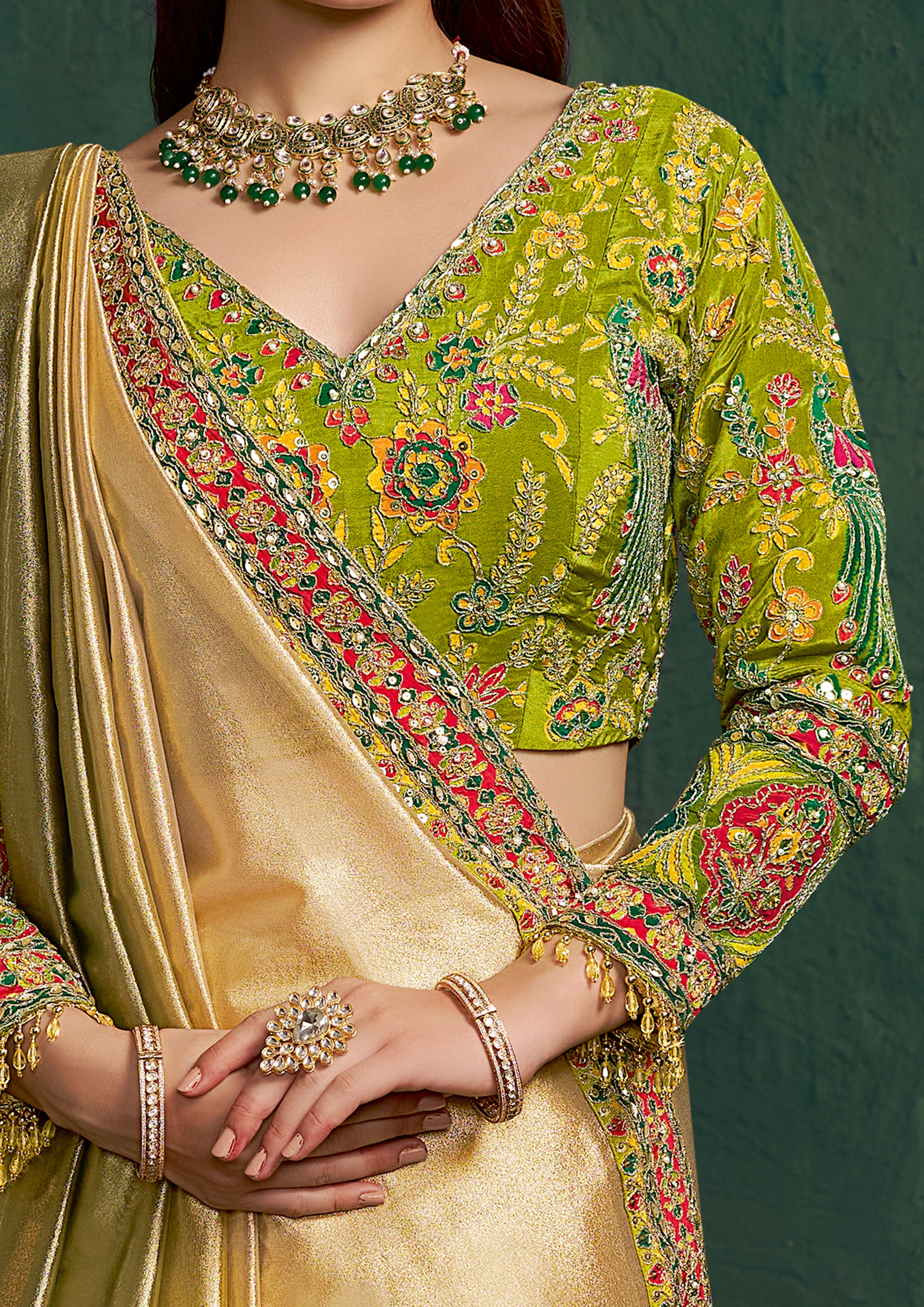 Sunglow Green Embroidered Shimmer Tissue Silk Saree