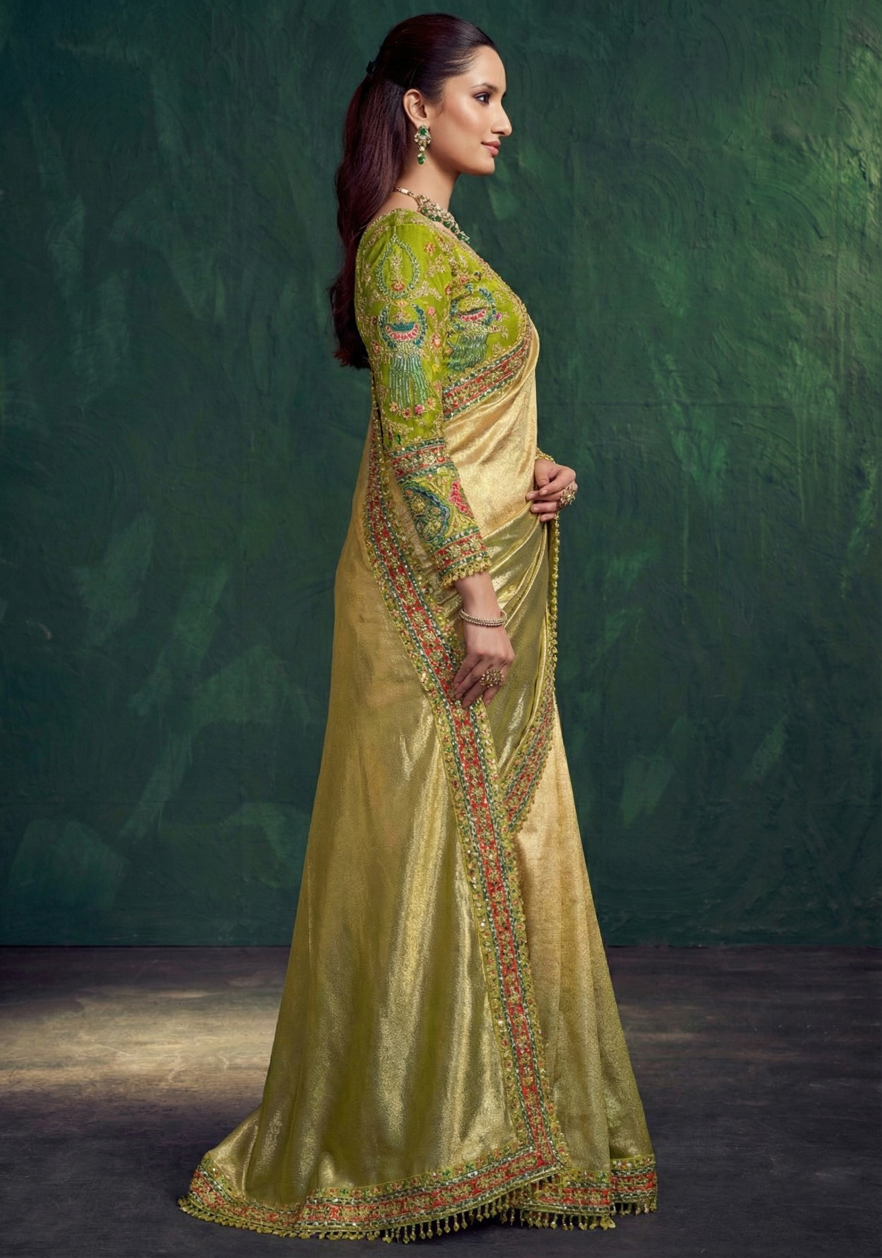 Sunglow Green Embroidered Shimmer Tissue Silk Saree