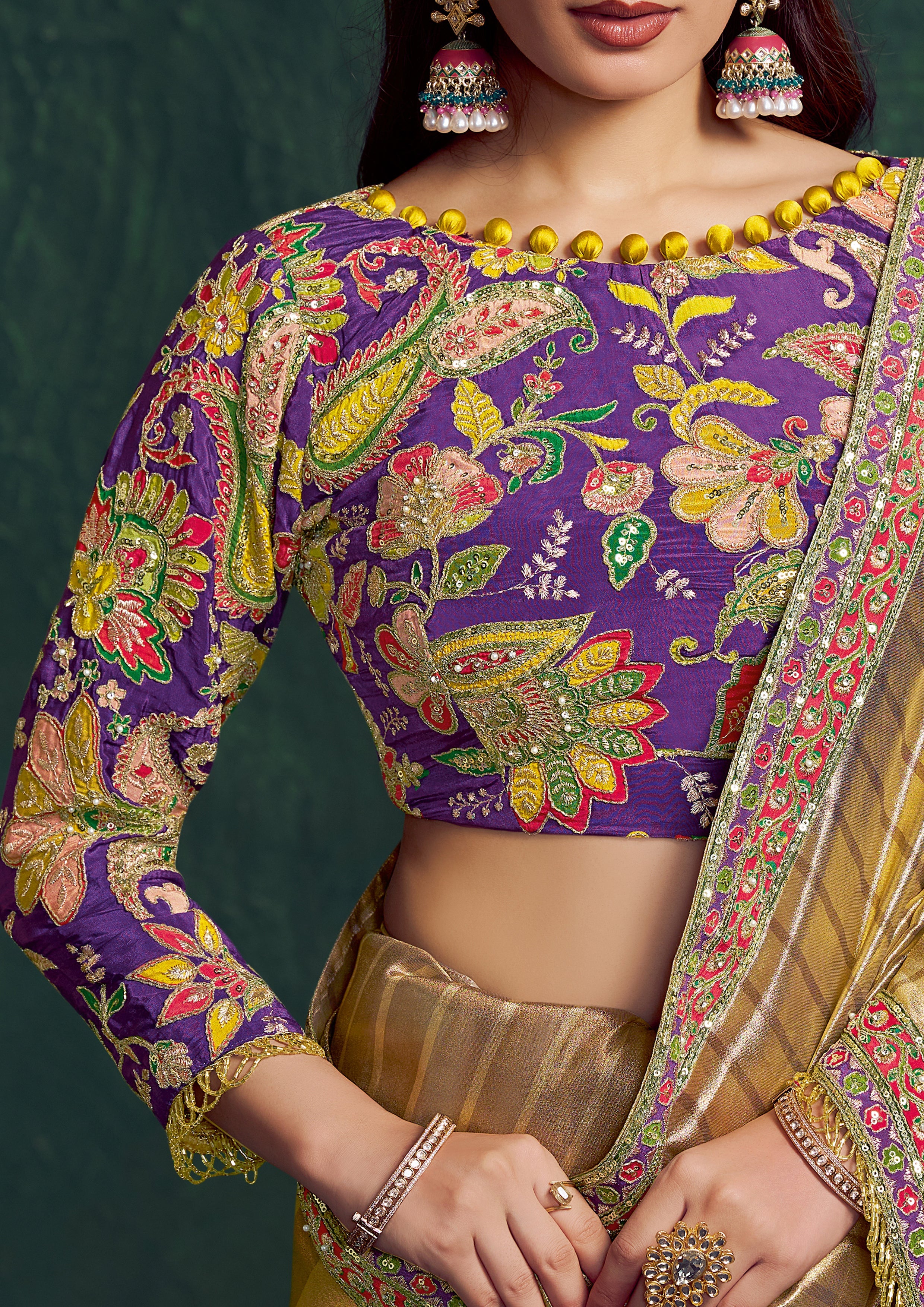 Champagne Gold Embroidered Shimmer Tissue Silk Saree