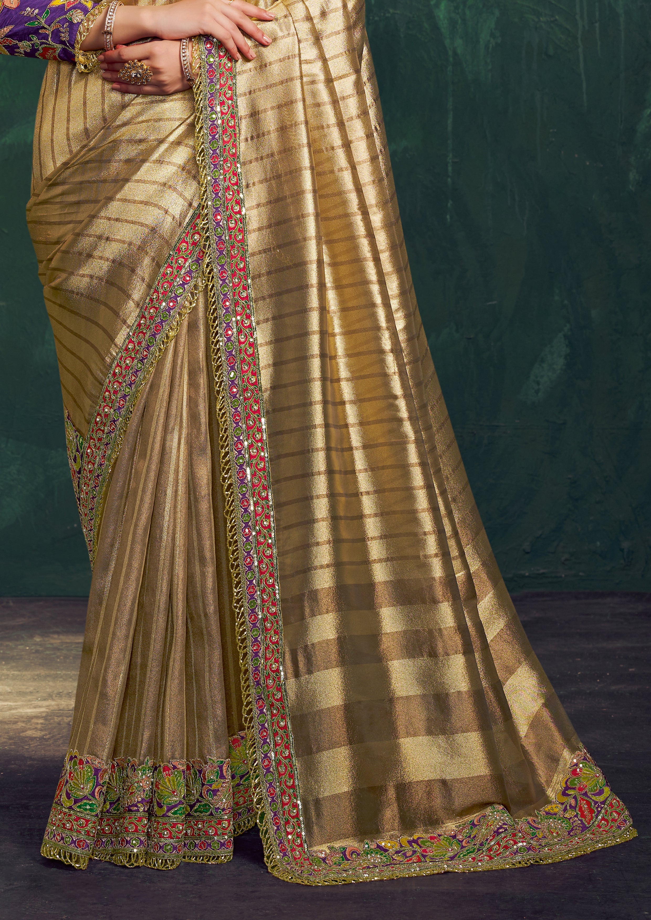 Champagne Gold Embroidered Shimmer Tissue Silk Saree
