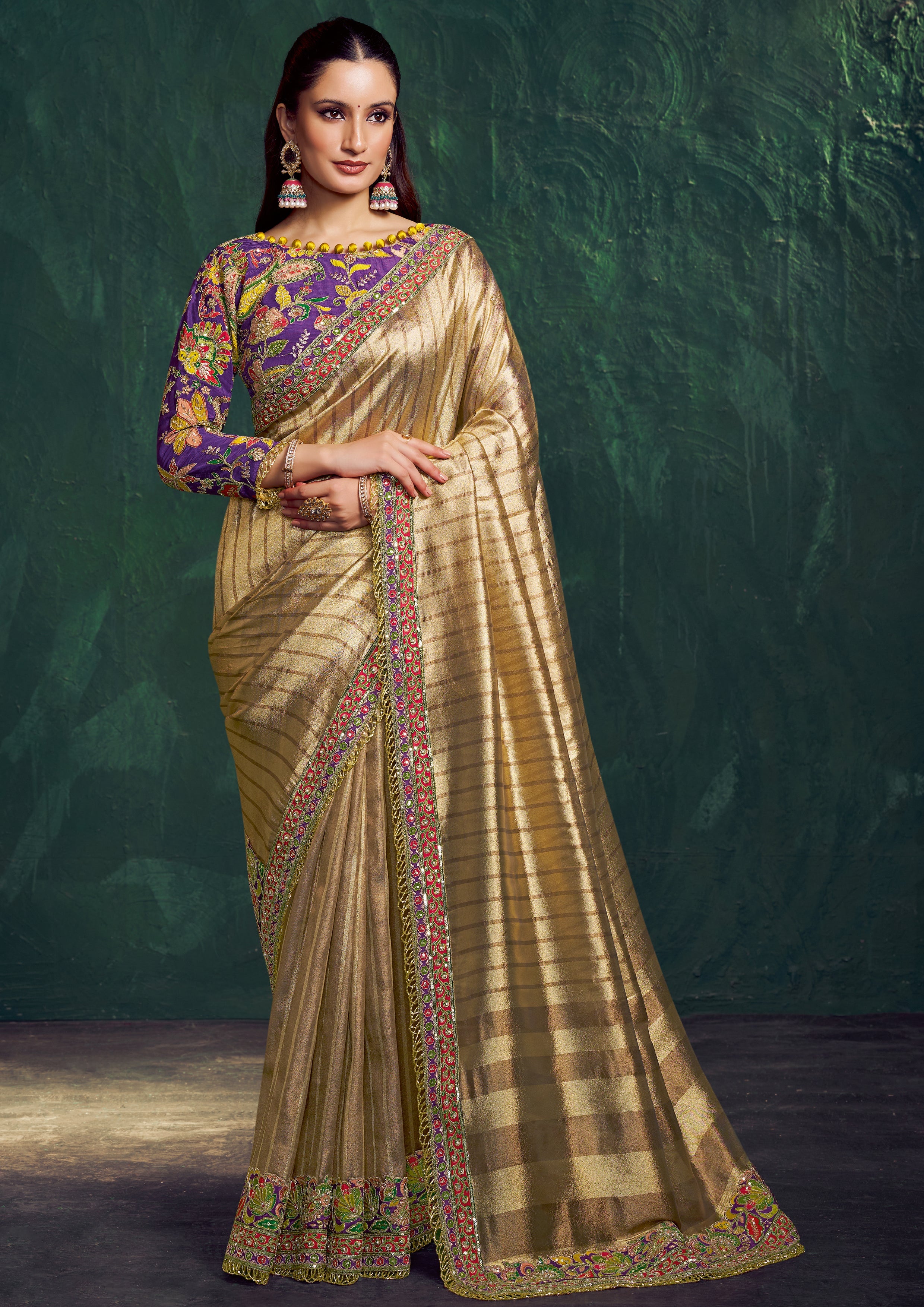 Champagne Gold Embroidered Shimmer Tissue Silk Saree