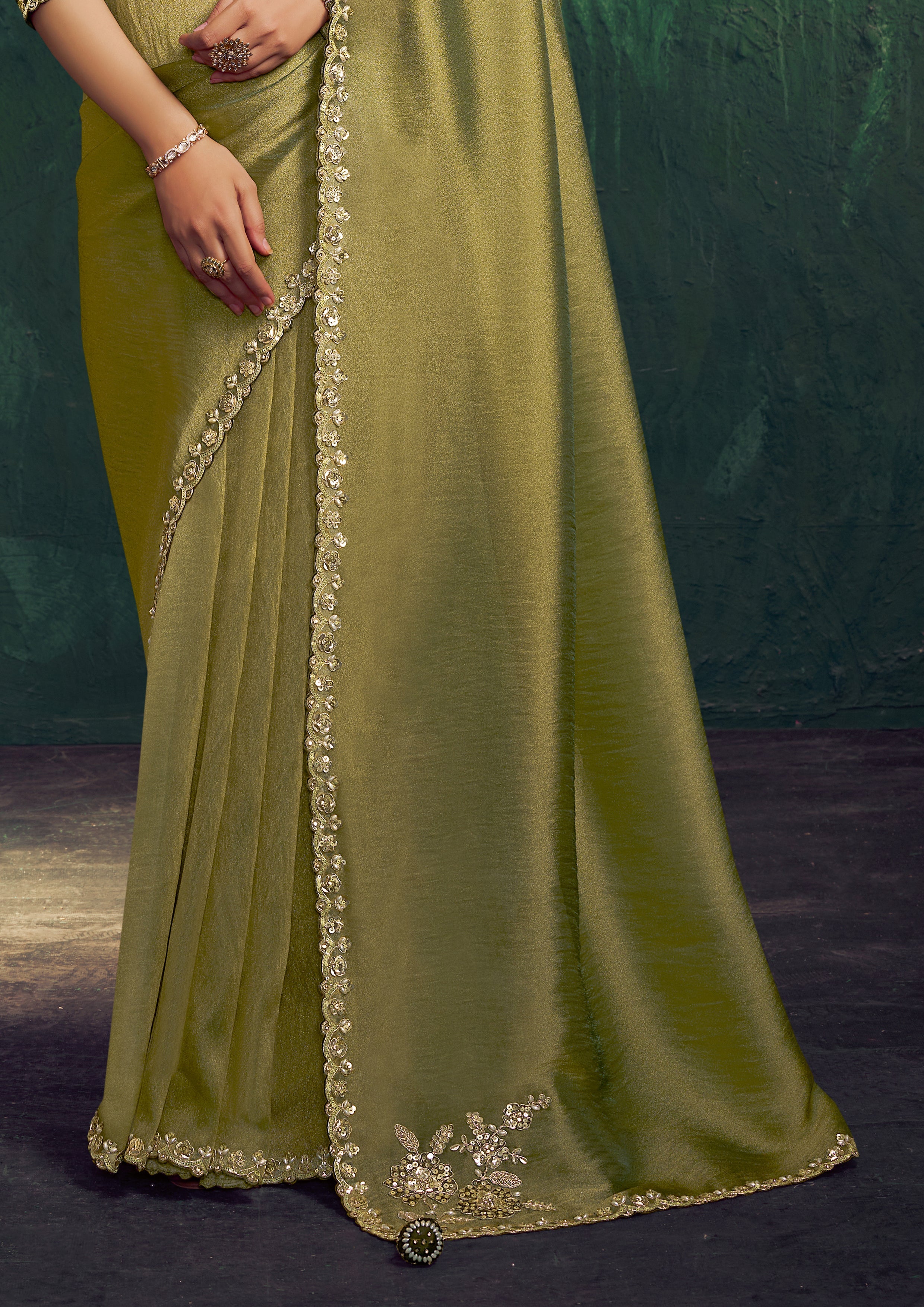 Olive Green Embellished Tissue Silk Saree