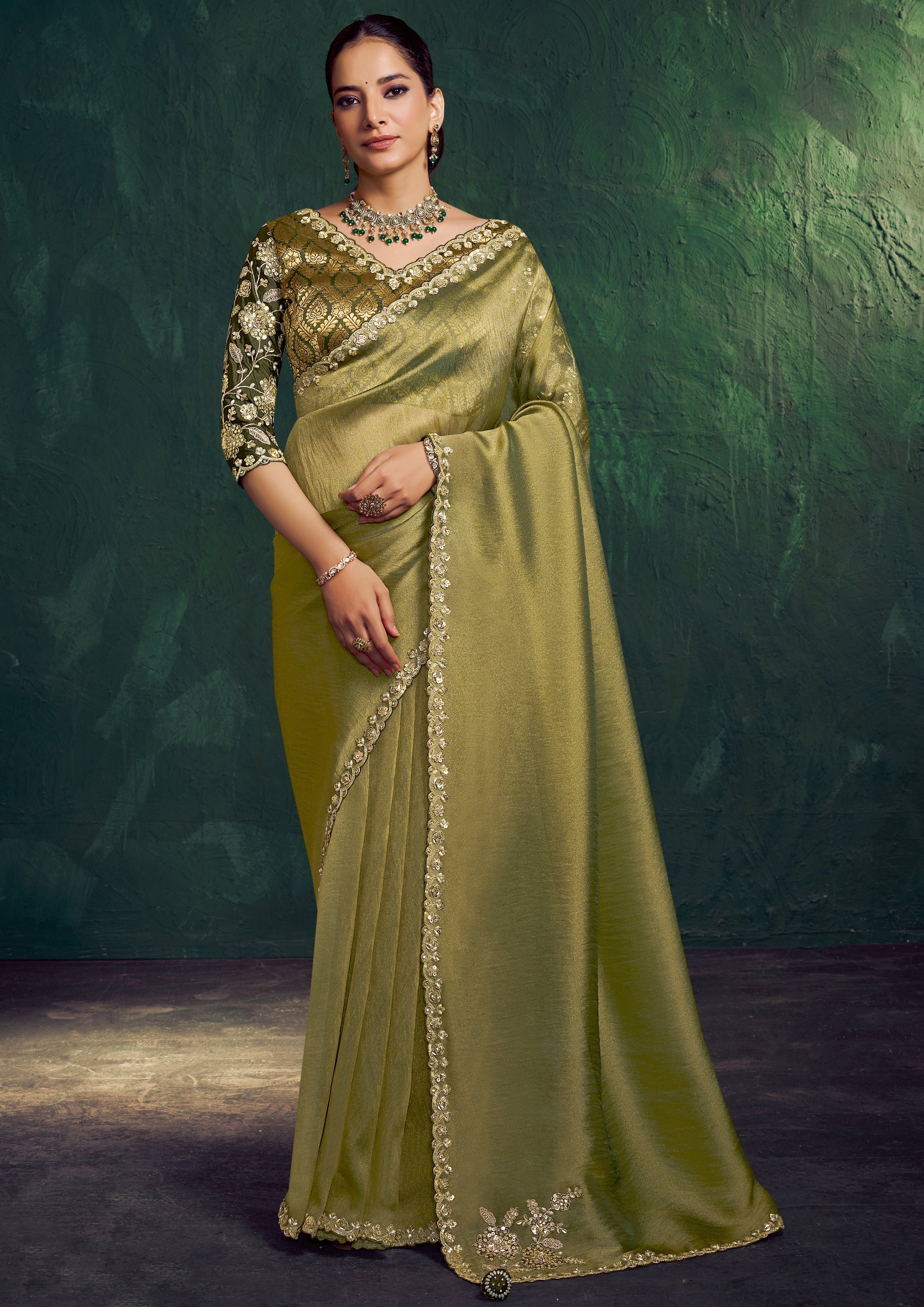 Olive Green Embellished Tissue Silk Saree