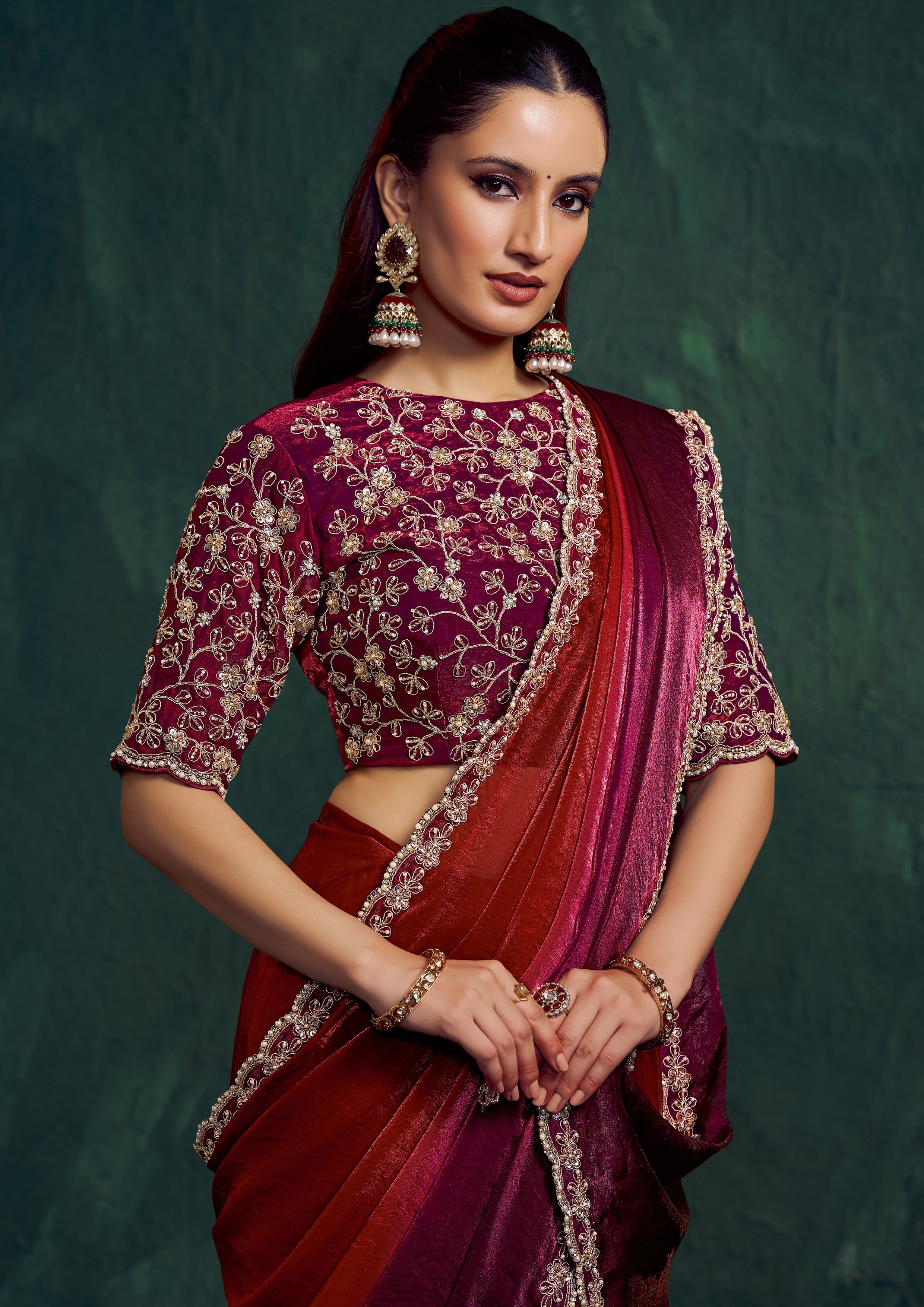 Garnet Wine Embellished Tissue Silk Saree
