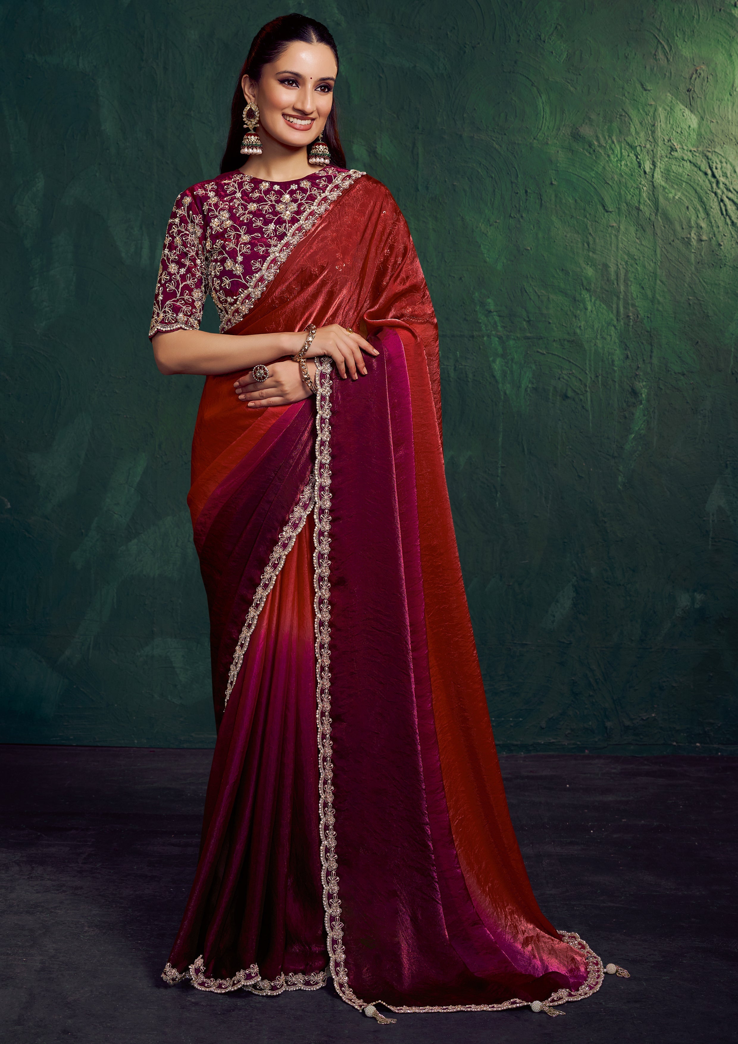 Garnet Wine Embellished Tissue Silk Saree