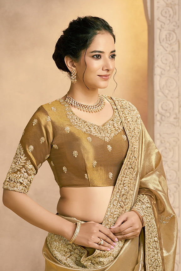Light Golden Embellished Zari Kora Silk Saree