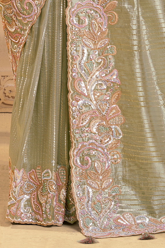 Sea Green Embellished Zari Tissue Silk Saree