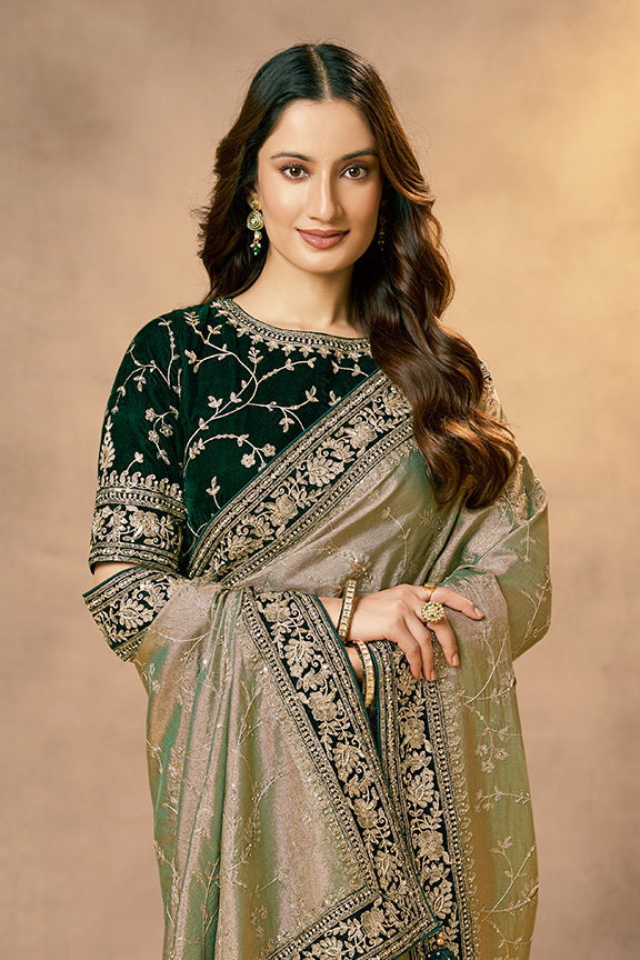 Sage Green Embellished Kora Silk Saree