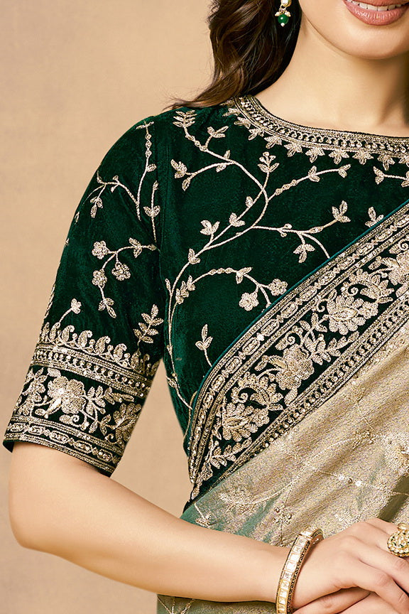 Sage Green Embellished Kora Silk Saree