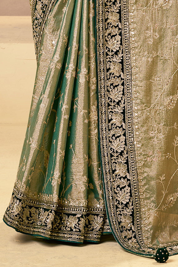 Sage Green Embellished Kora Silk Saree