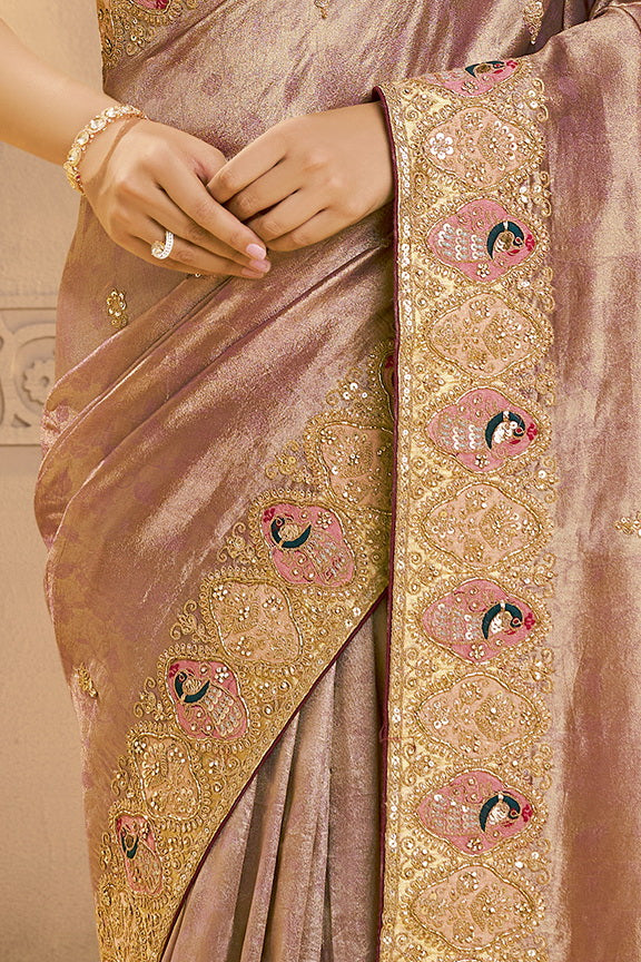 Rose Gold Embellished Zari Tissue Silk Saree