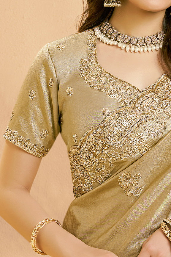 Metallic Golden Embellished Kora Zari Silk Saree
