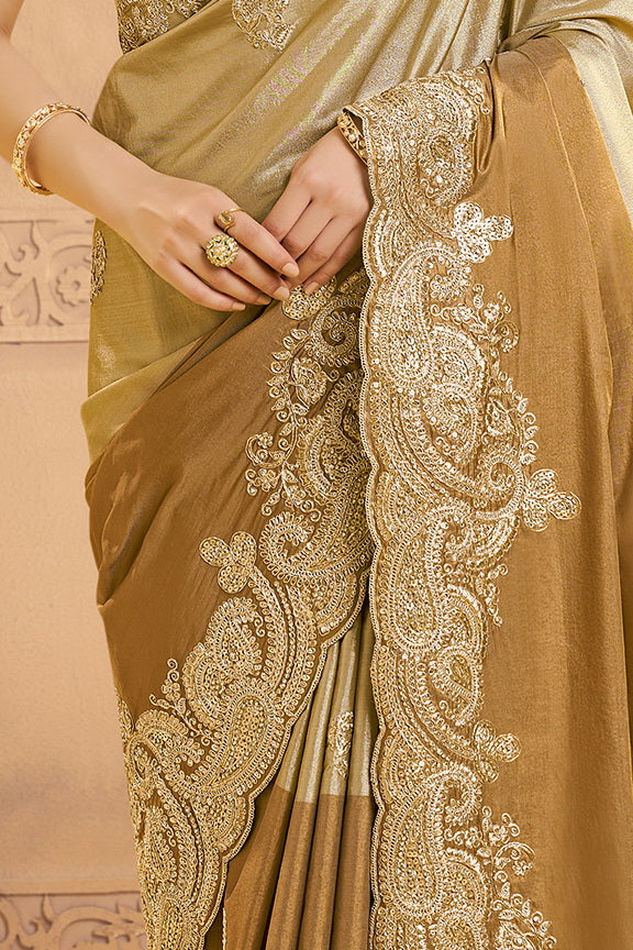 Metallic Golden Embellished Kora Zari Silk Saree