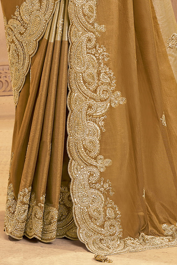 Metallic Golden Embellished Kora Zari Silk Saree