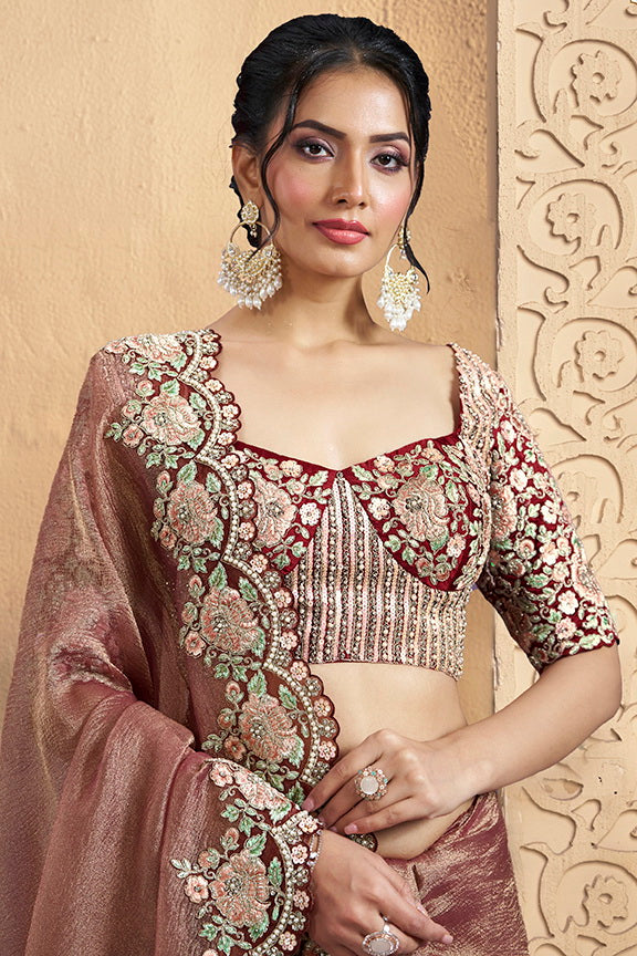 Maroon Embellished Shimmer Crush Silk Saree