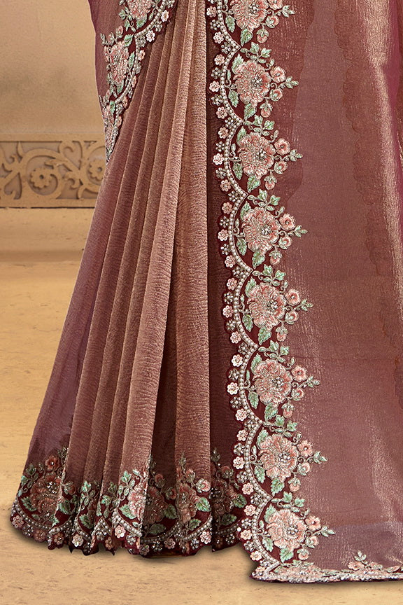 Maroon Embellished Shimmer Crush Silk Saree