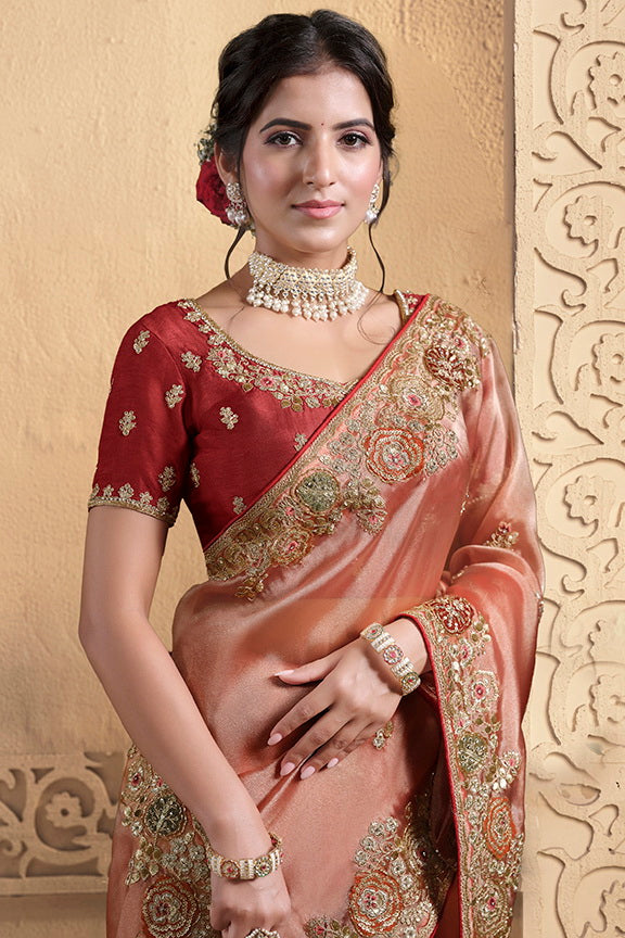 Dusty Orange Embellished Twill Tissue Silk Saree