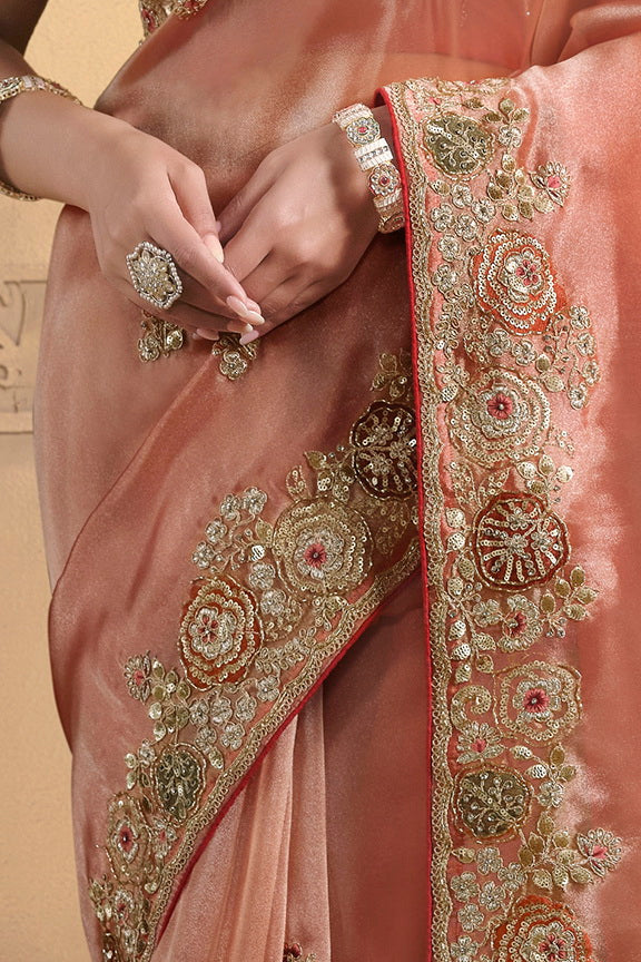 Dusty Orange Embellished Twill Tissue Silk Saree