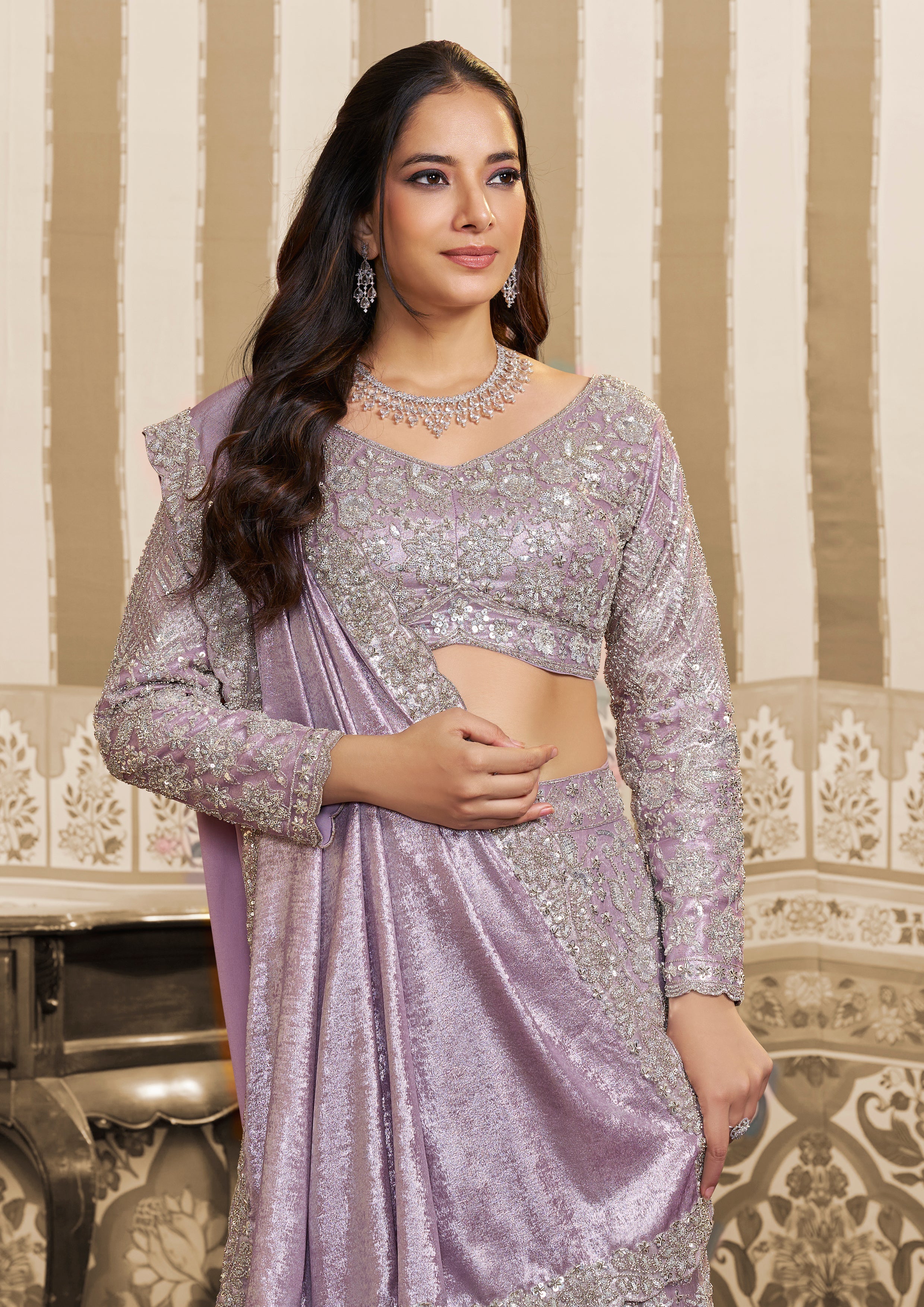 Lavender Embellished Satin Silk Lehenga Saree
