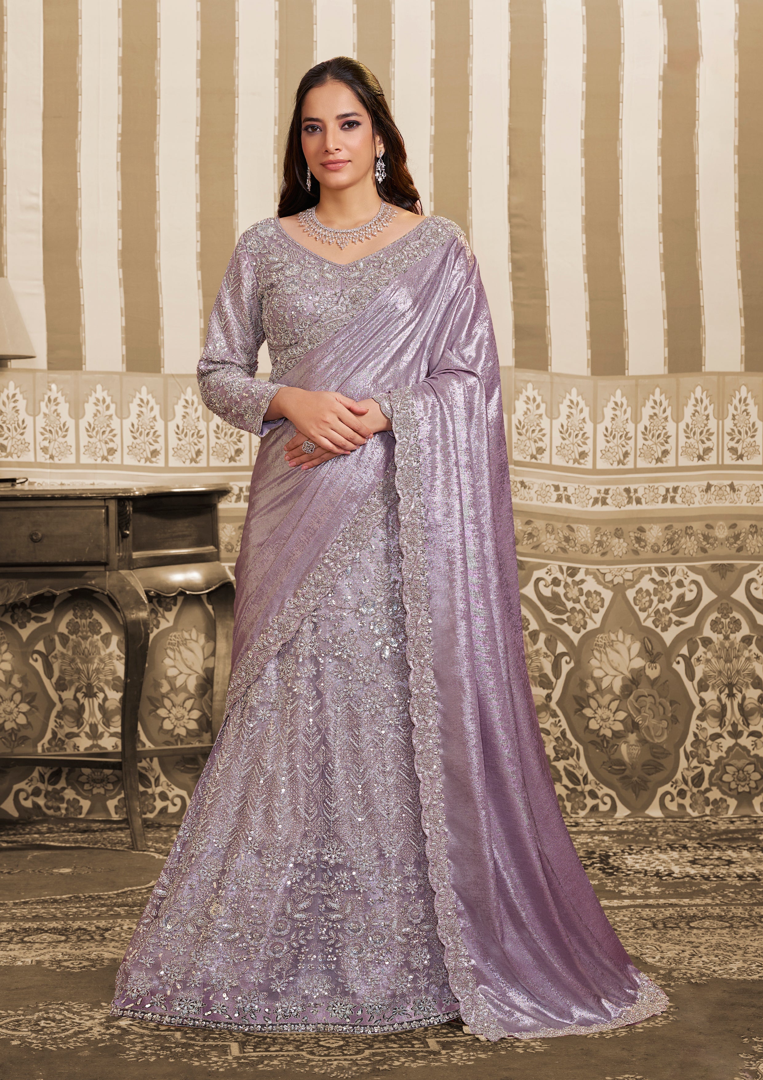 Lavender Embellished Satin Silk Lehenga Saree