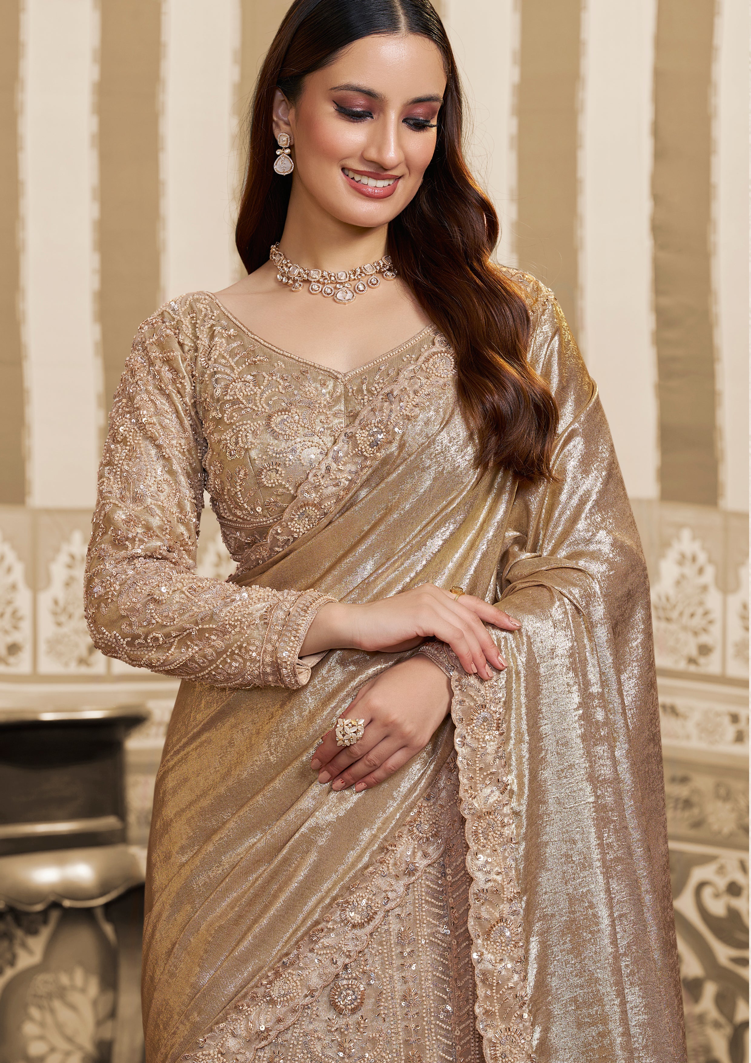 Champagne Shimmer Embellished Satin Silk Lehenga Saree