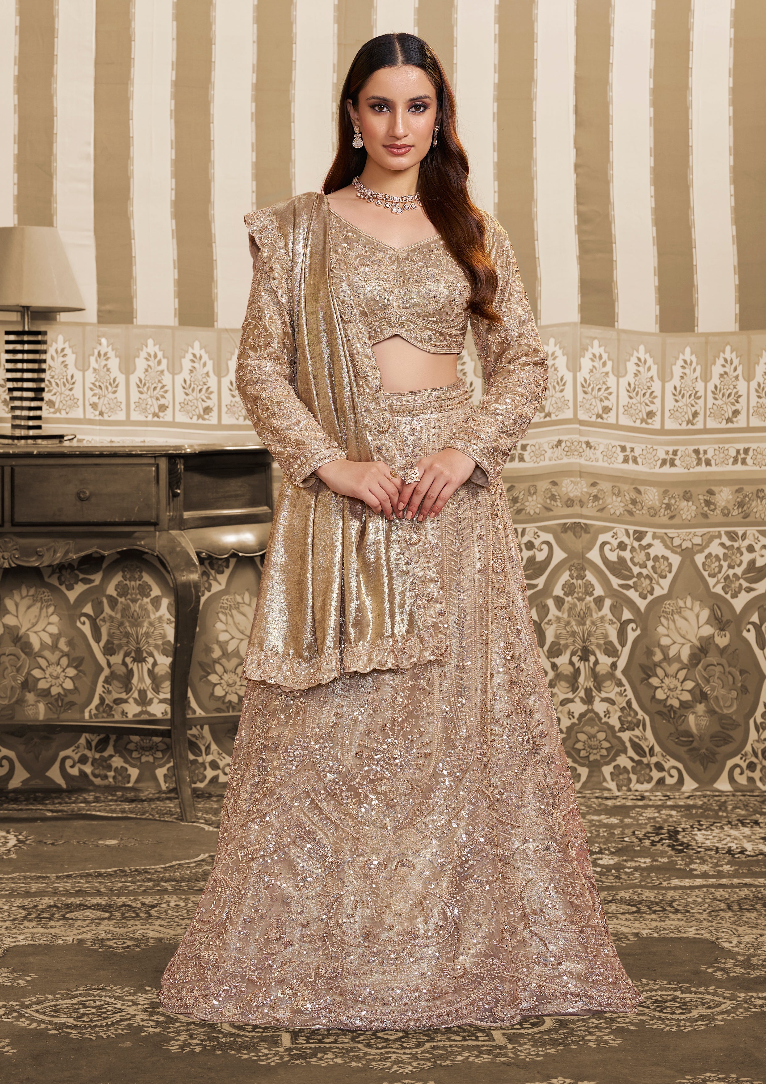 Champagne Shimmer Embellished Satin Silk Lehenga Saree