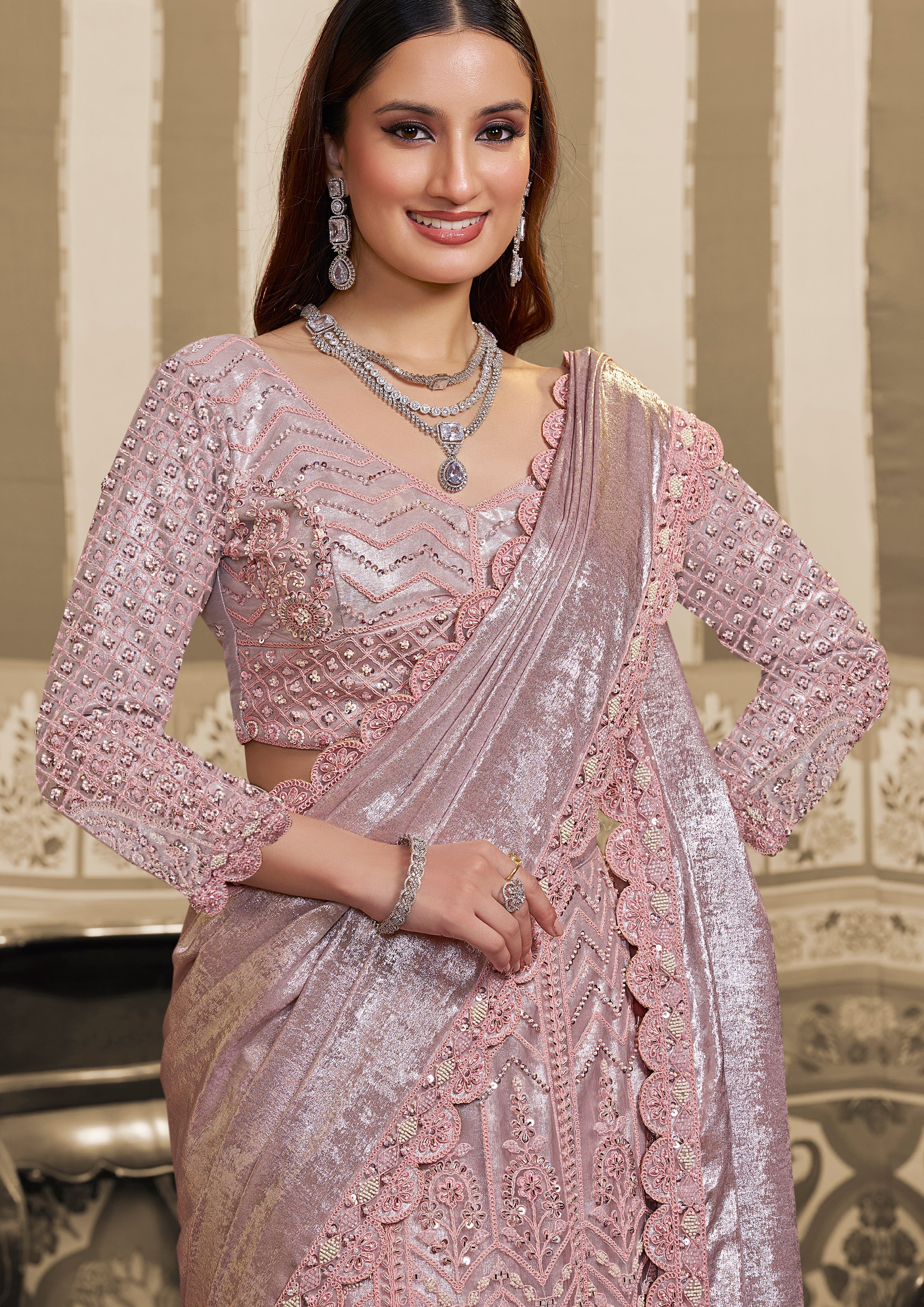 Lilac Silver Embellished Satin Silk Lehenga Saree