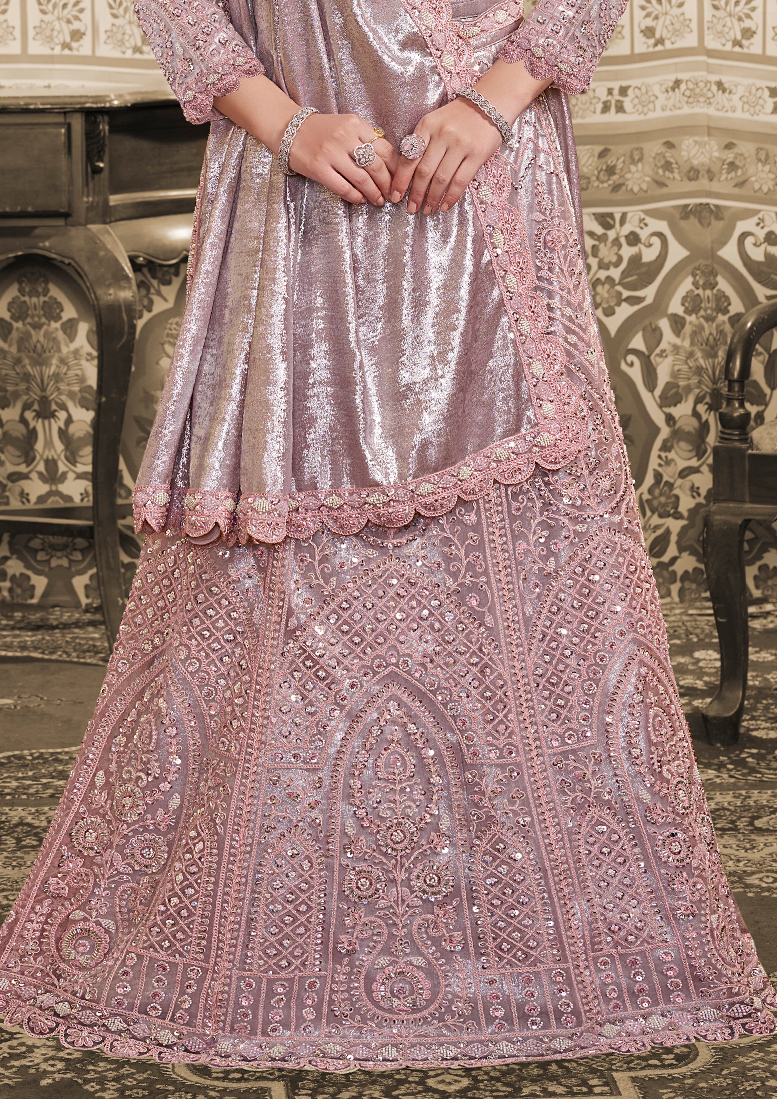 Lilac Silver Embellished Satin Silk Lehenga Saree