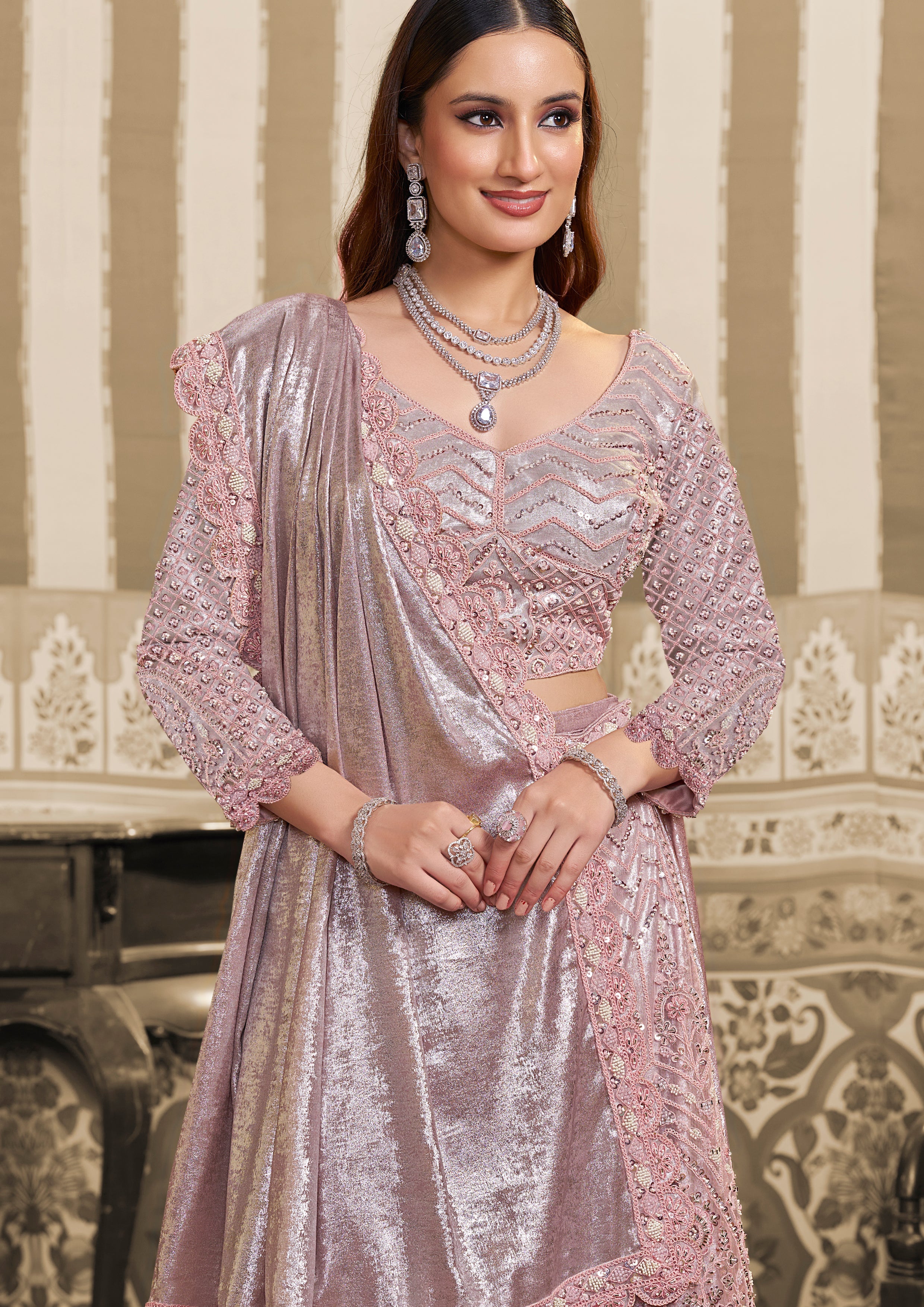 Lilac Silver Embellished Satin Silk Lehenga Saree
