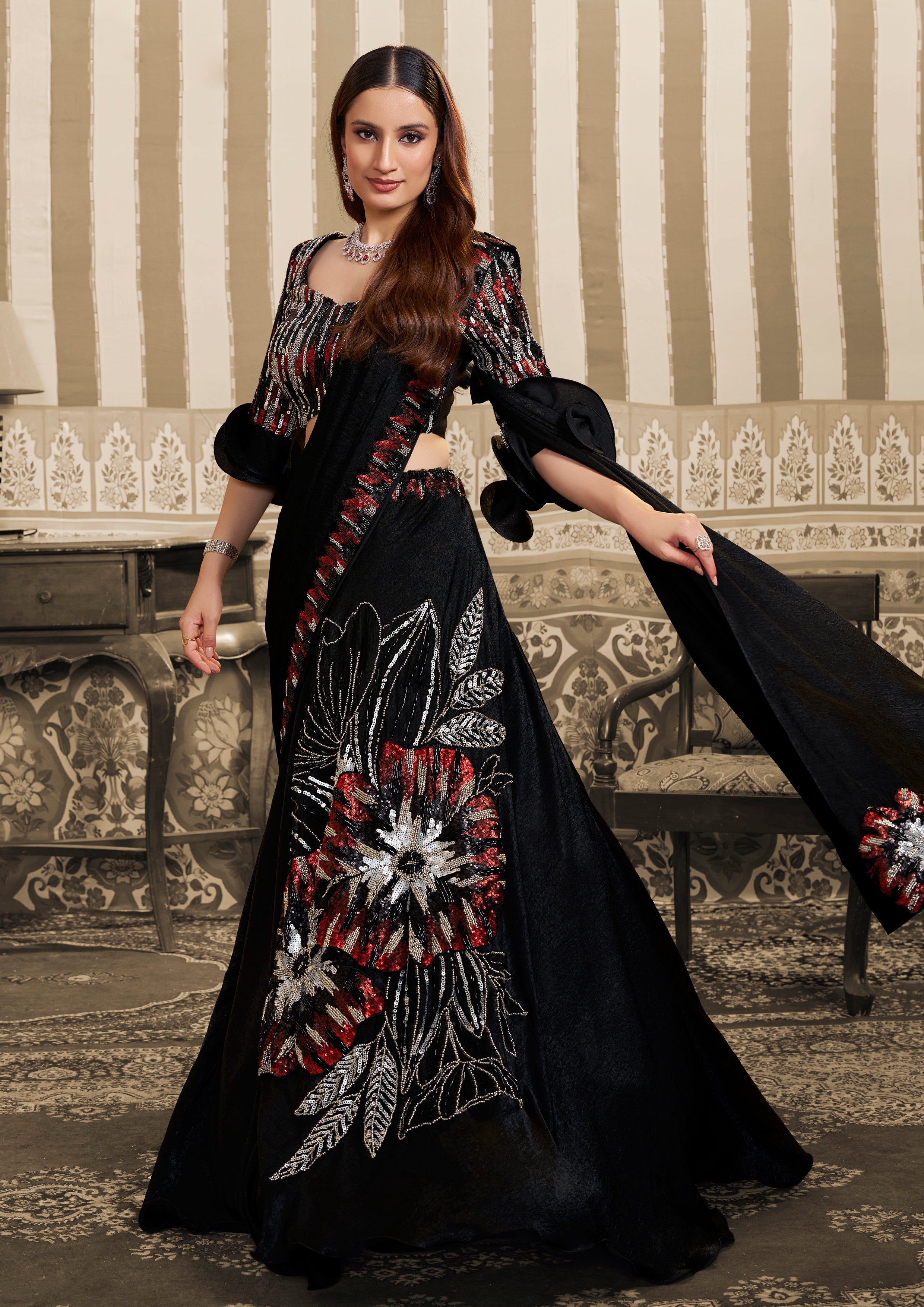Midnight Black Embellished Satin Silk Lehenga Saree