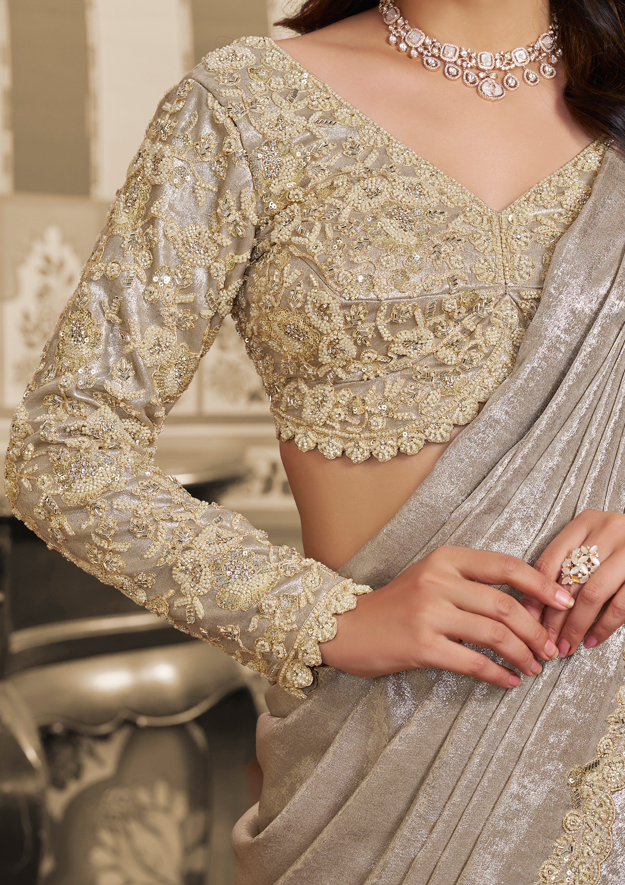 Pearl White Embellished Satin Silk Lehenga Saree