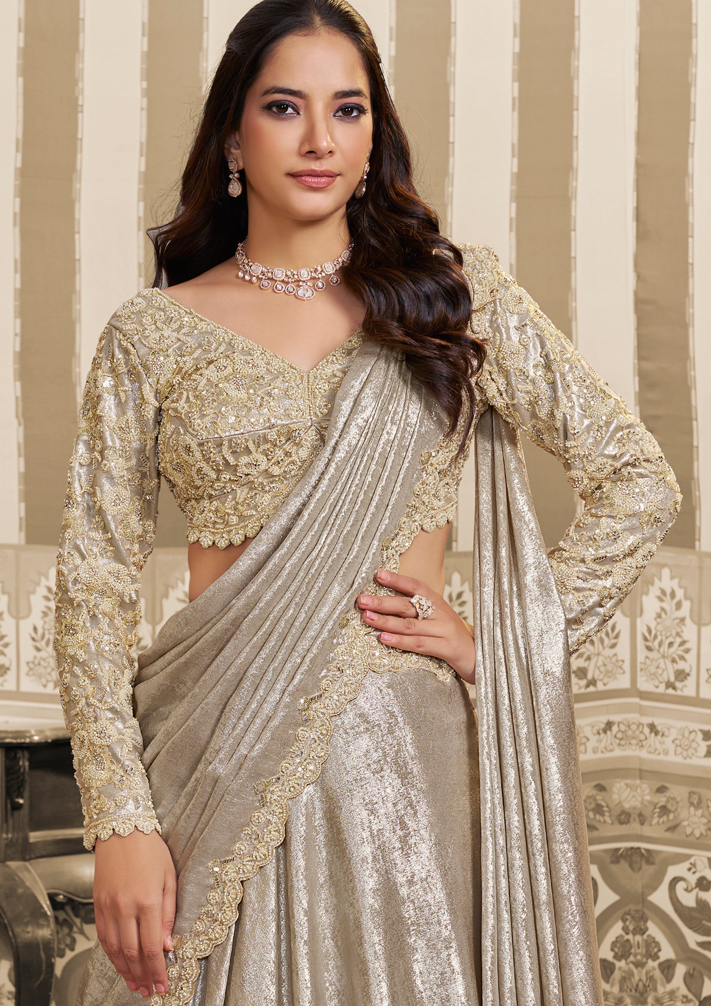 Pearl White Embellished Satin Silk Lehenga Saree