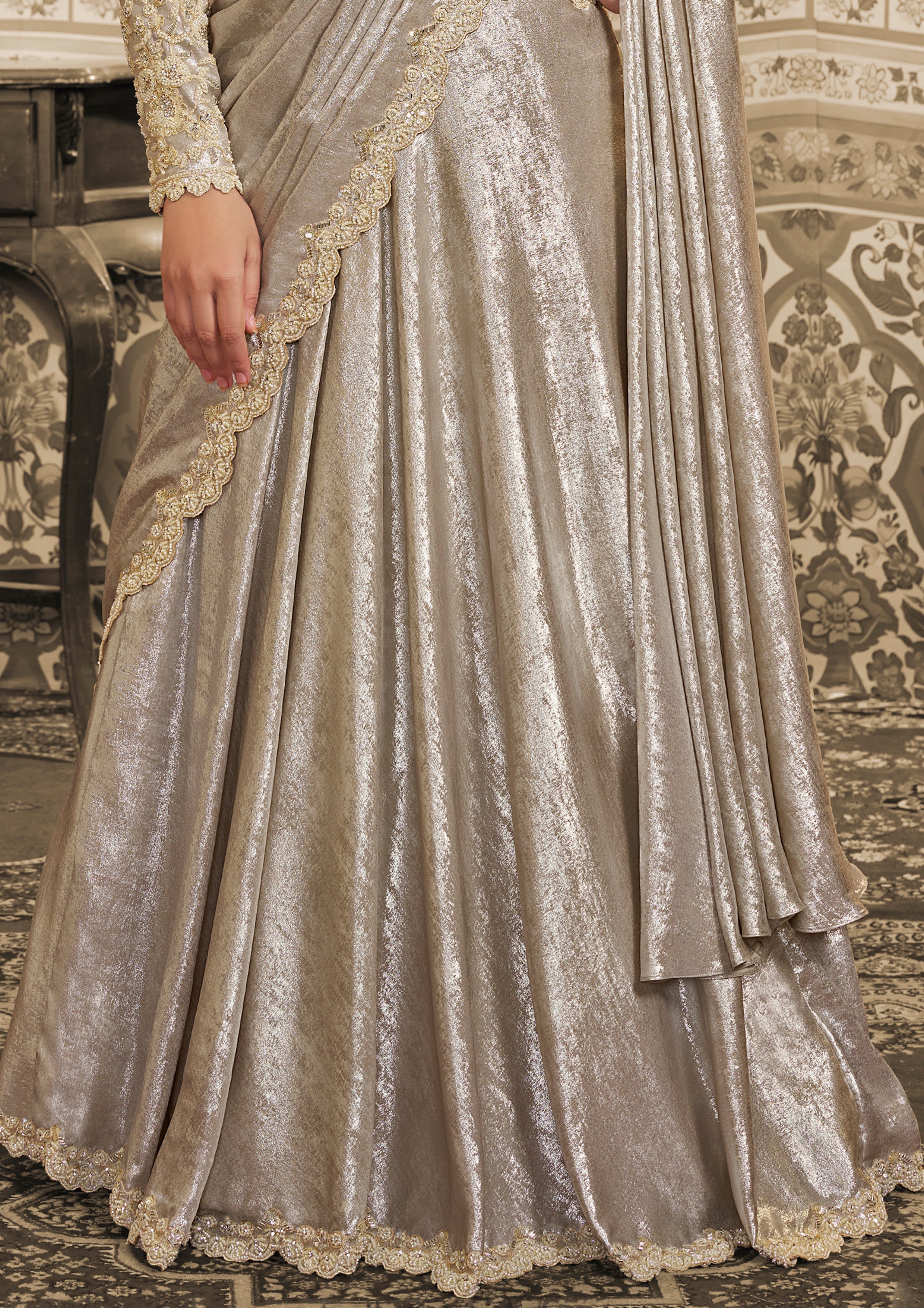 Pearl White Embellished Satin Silk Lehenga Saree