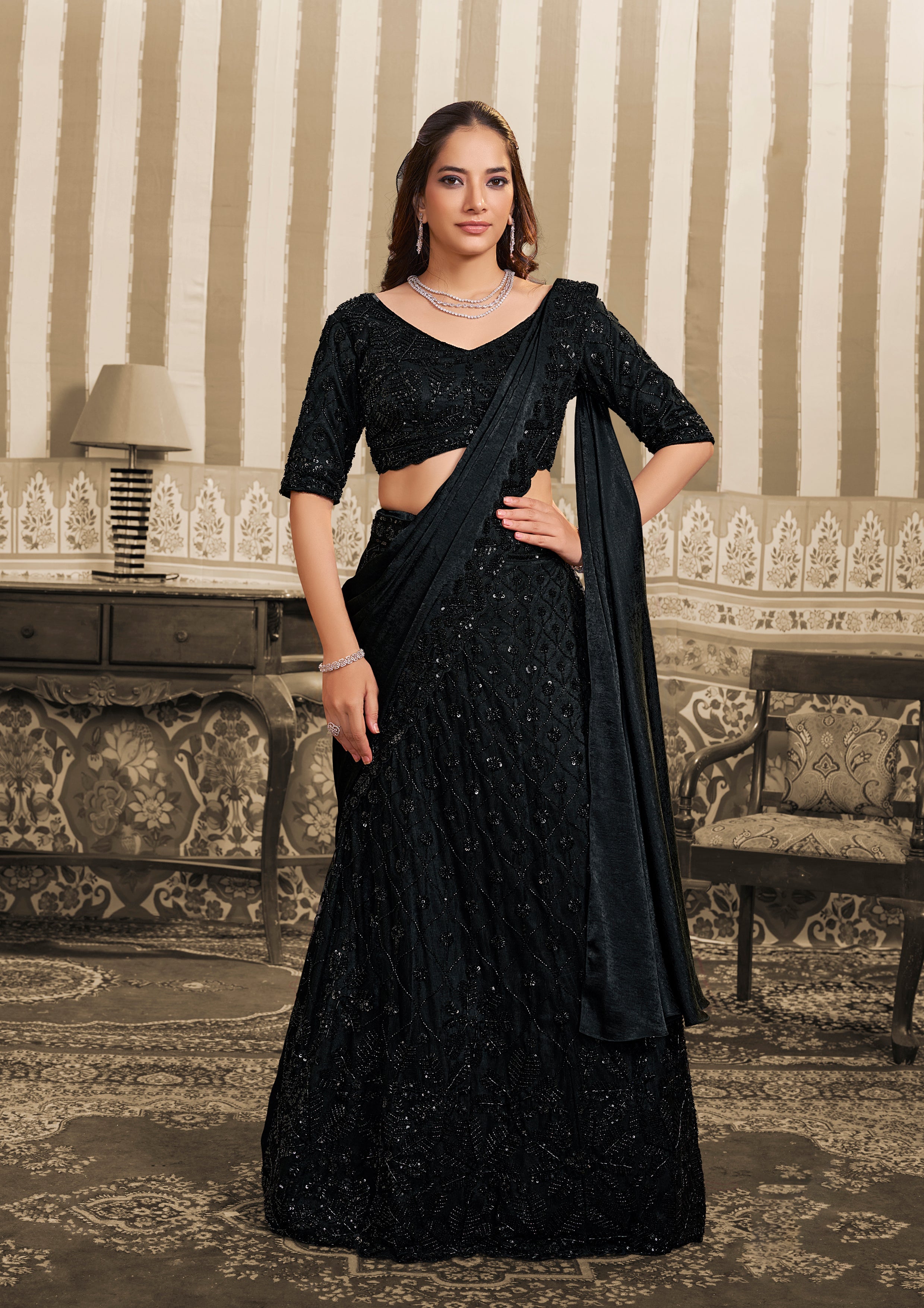 Obsidion Black Embellished Satin Silk Lehenga Saree