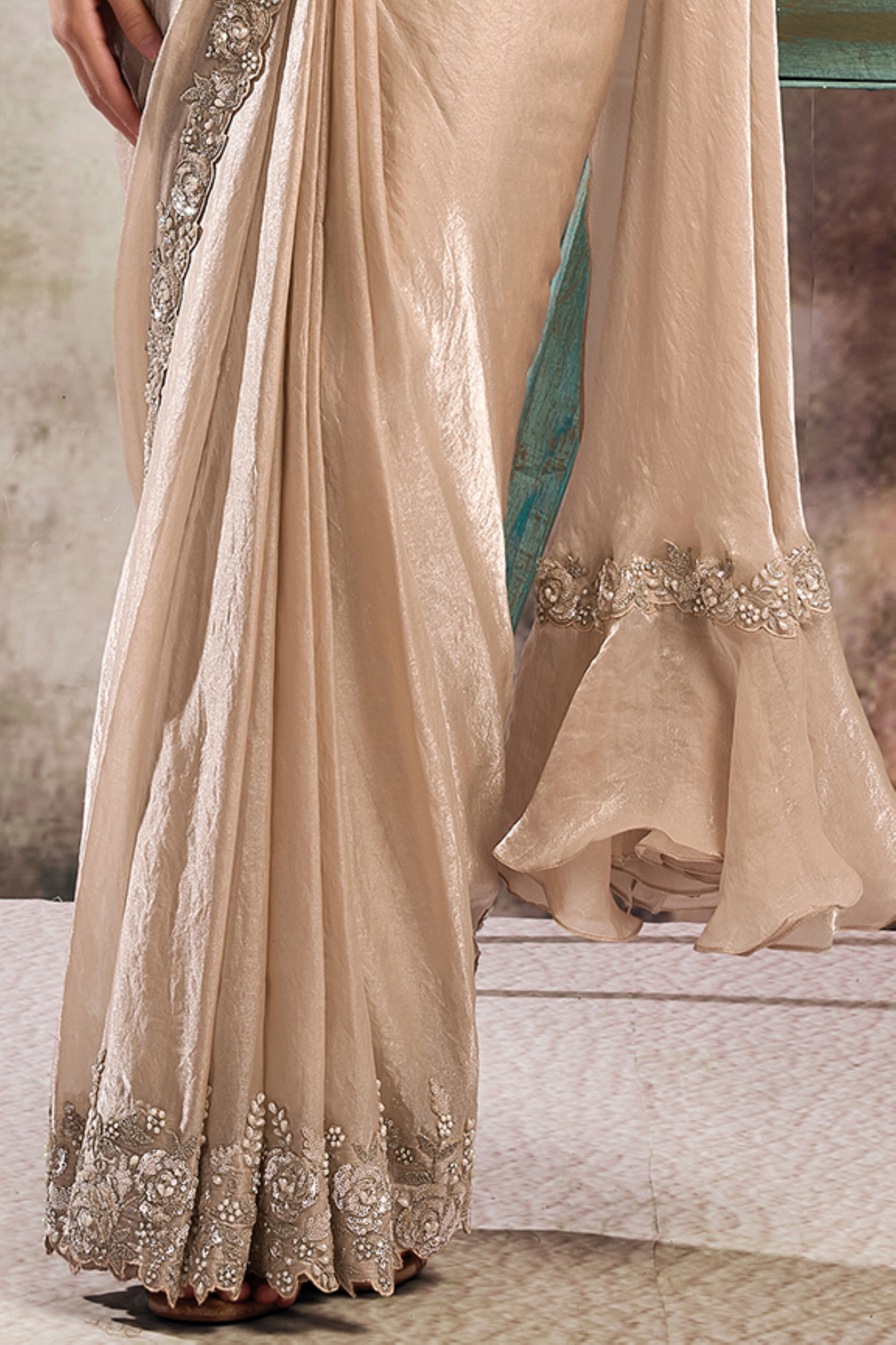 Warm Ecru Embellished Satin Silk Draped Saree
