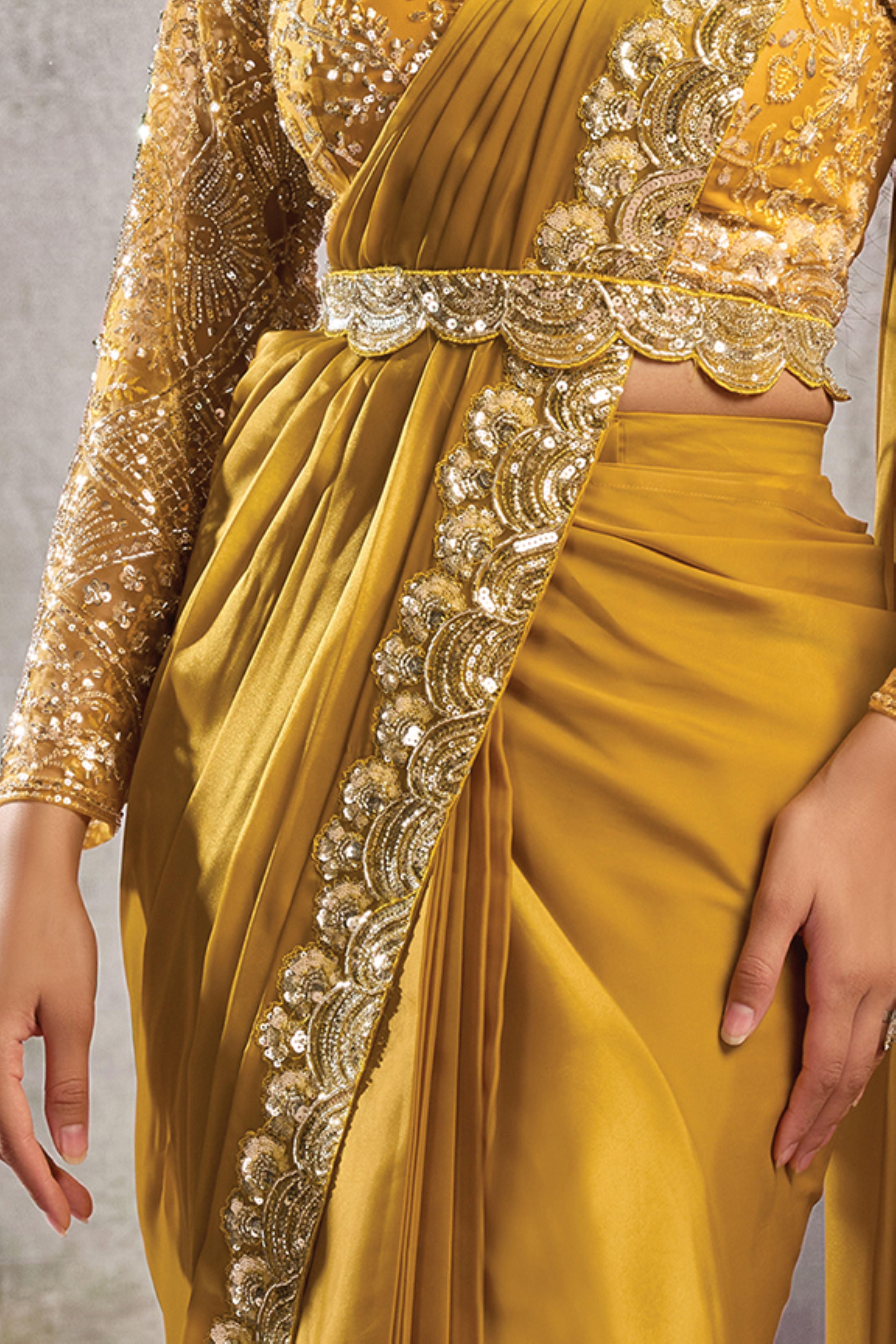 Golden Yellow Embellished Satin Silk Draped Saree