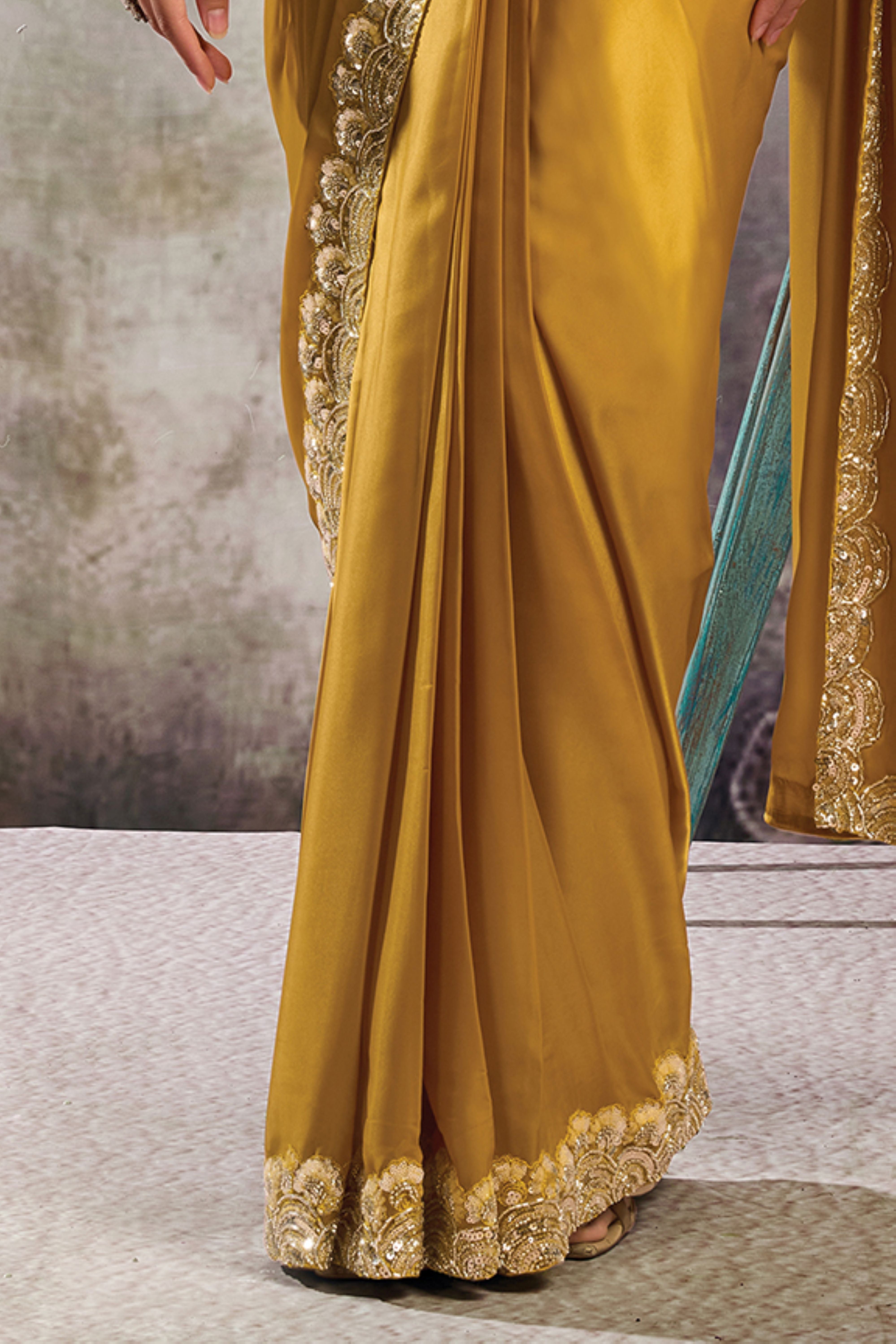 Golden Yellow Embellished Satin Silk Draped Saree