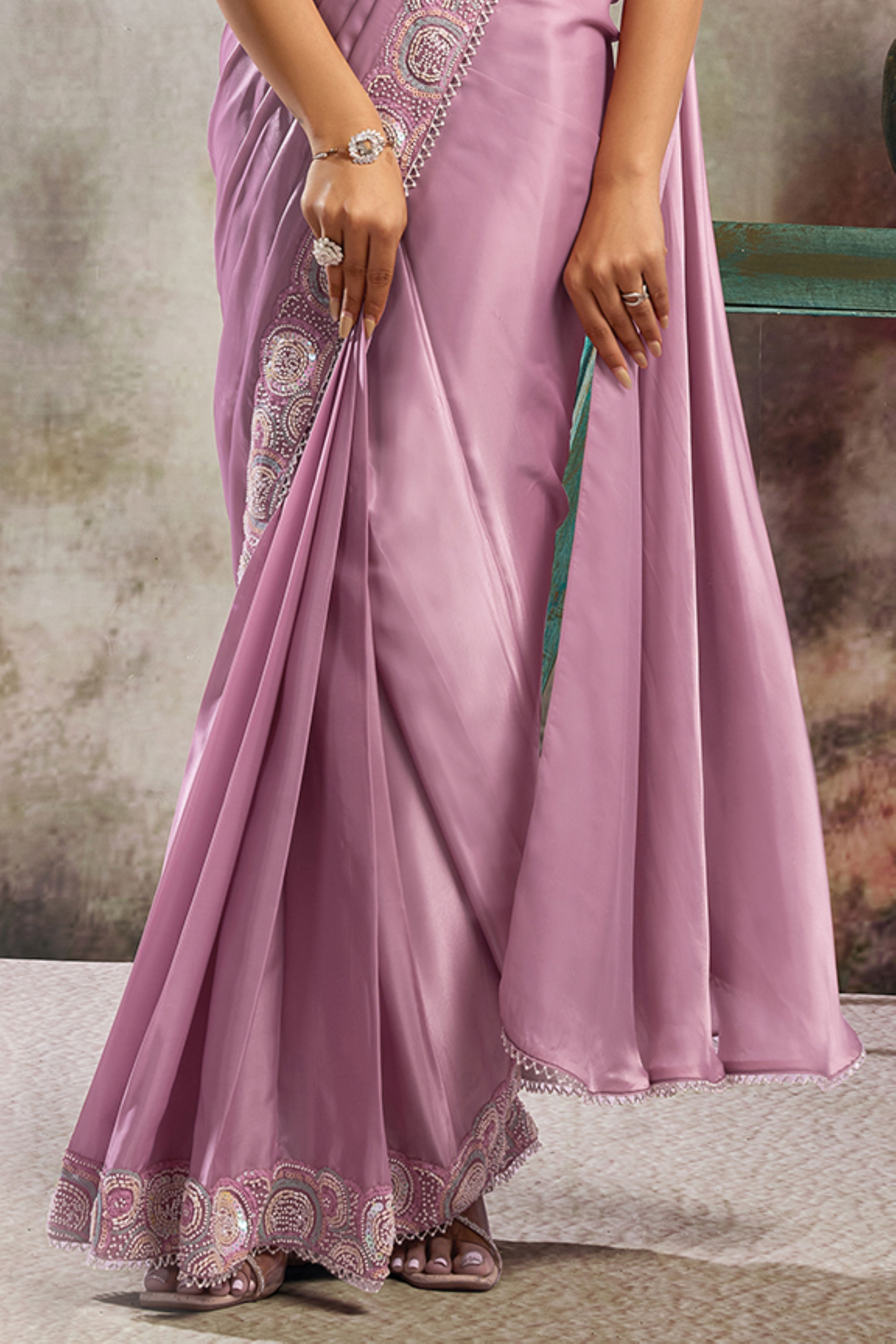 Orchid Purple Embellished Satin Silk Draped Saree