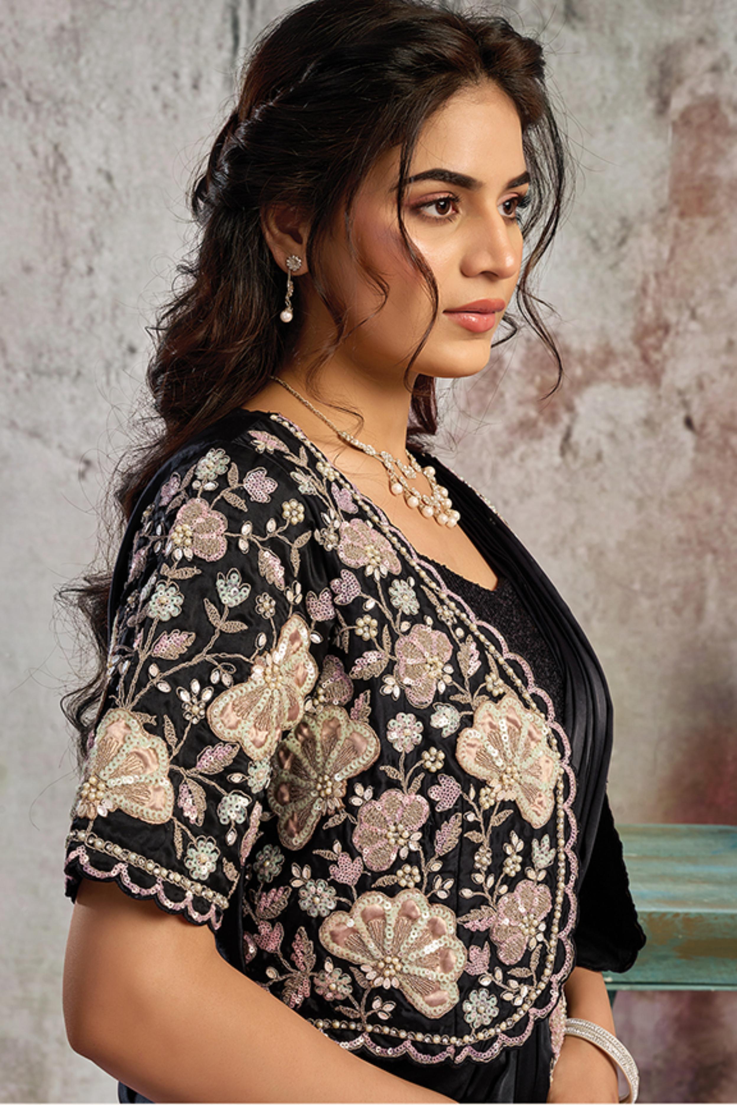 Midnight Black Embellished Satin Silk Draped Saree