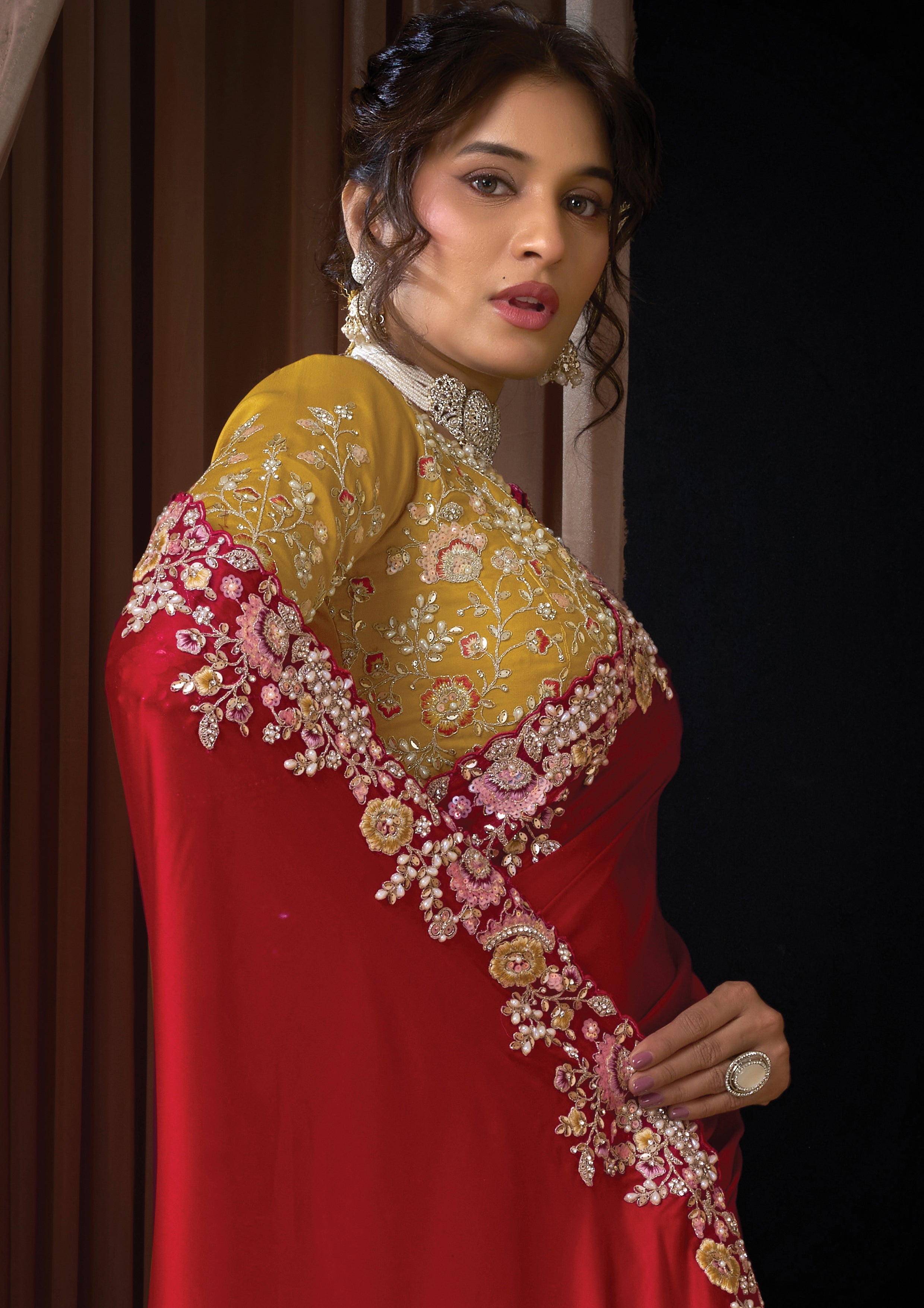Hot Red Embellished Lustrous Satin Silk Saree