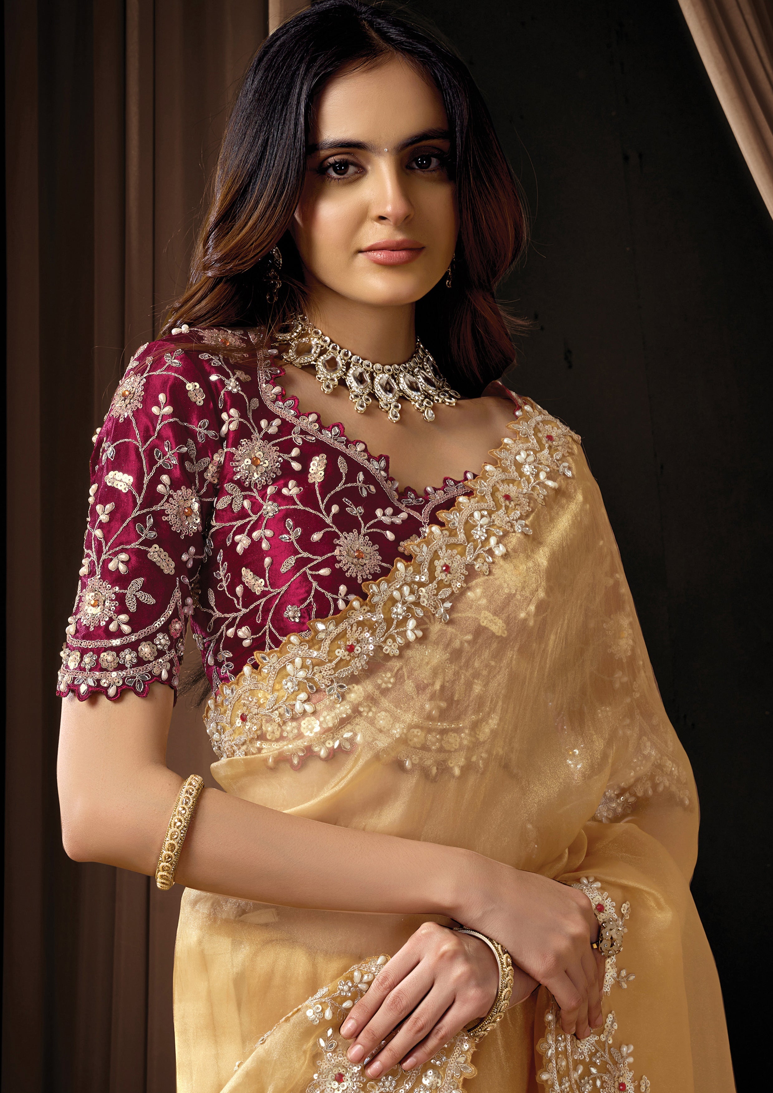Warm Gold Embellished Organza Tissue Saree